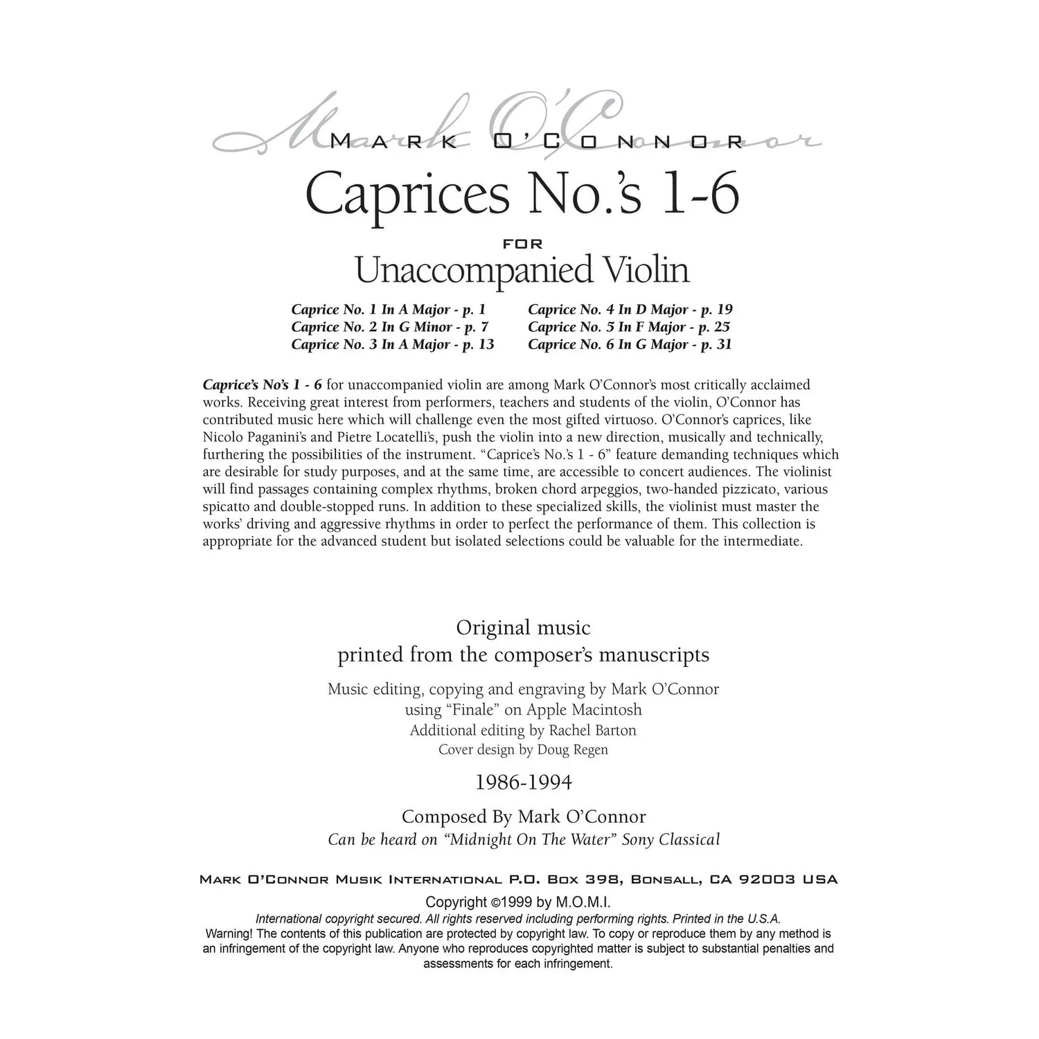 Shar Music O'Connor Caprices Nr.1-6 Noten Violine Download