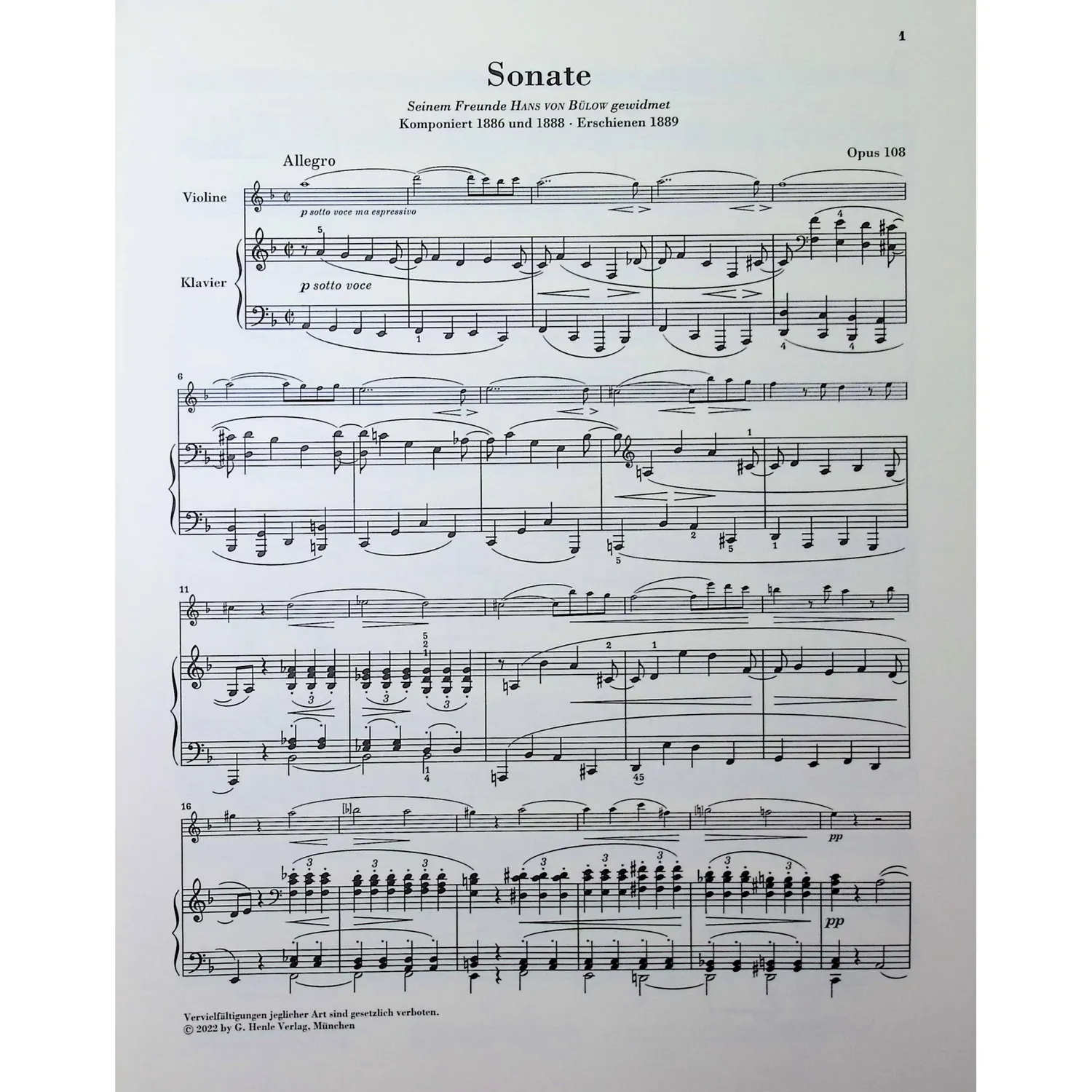 Henle Brahms Sonate d-moll op.108 Noten Violine Klavier