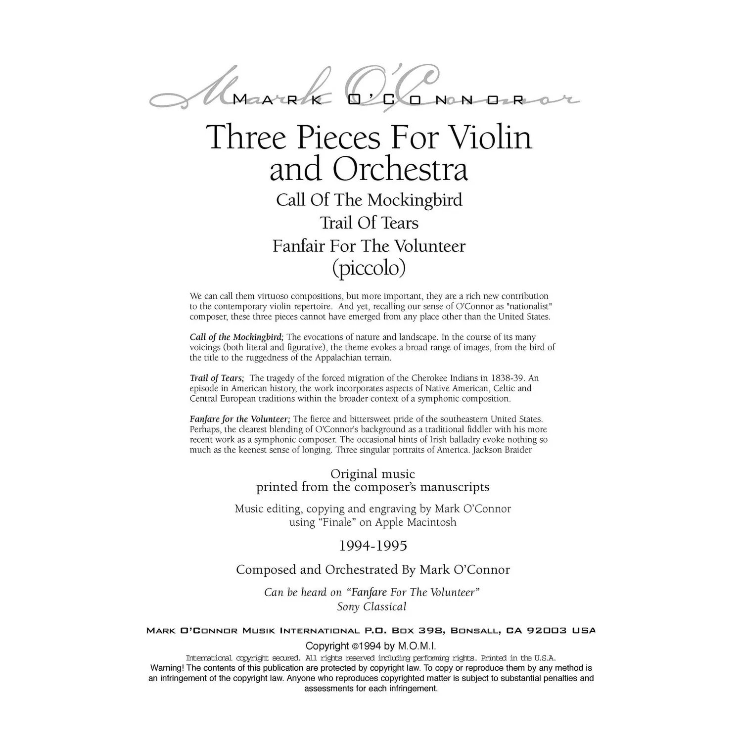O'Connor Three Pieces Violine Orchester Noten Download Winds