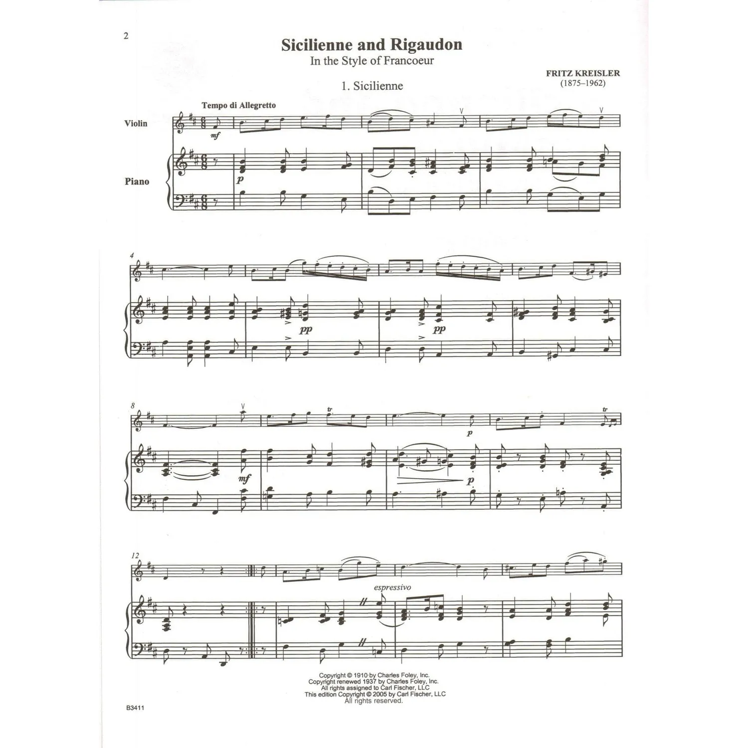 Carl Fischer Kreisler Sicilienne Rigaudon Violine Klavier