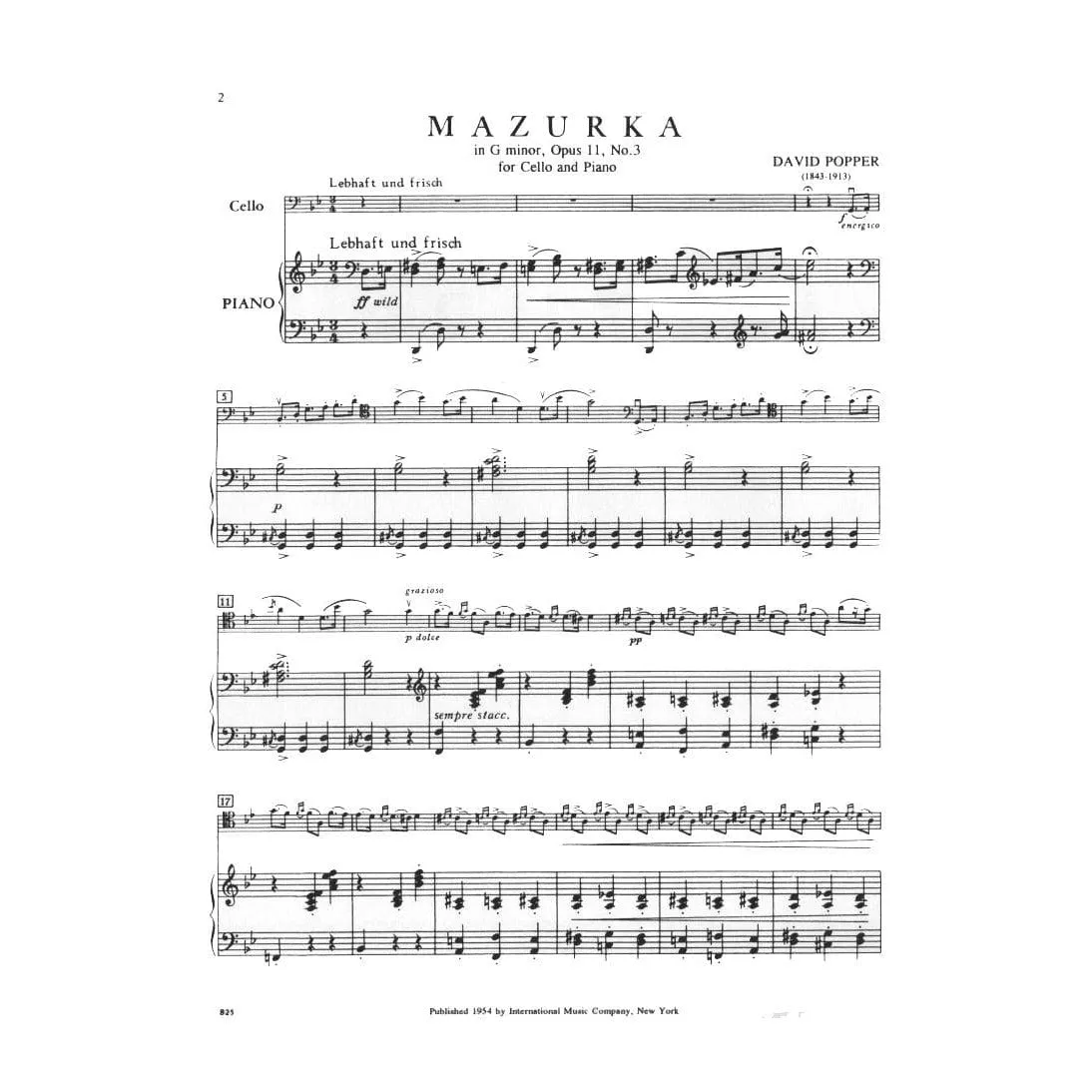 Shar Music Popper Mazurka g-Moll Op 11 Nr 3 Cello Klaviernoten