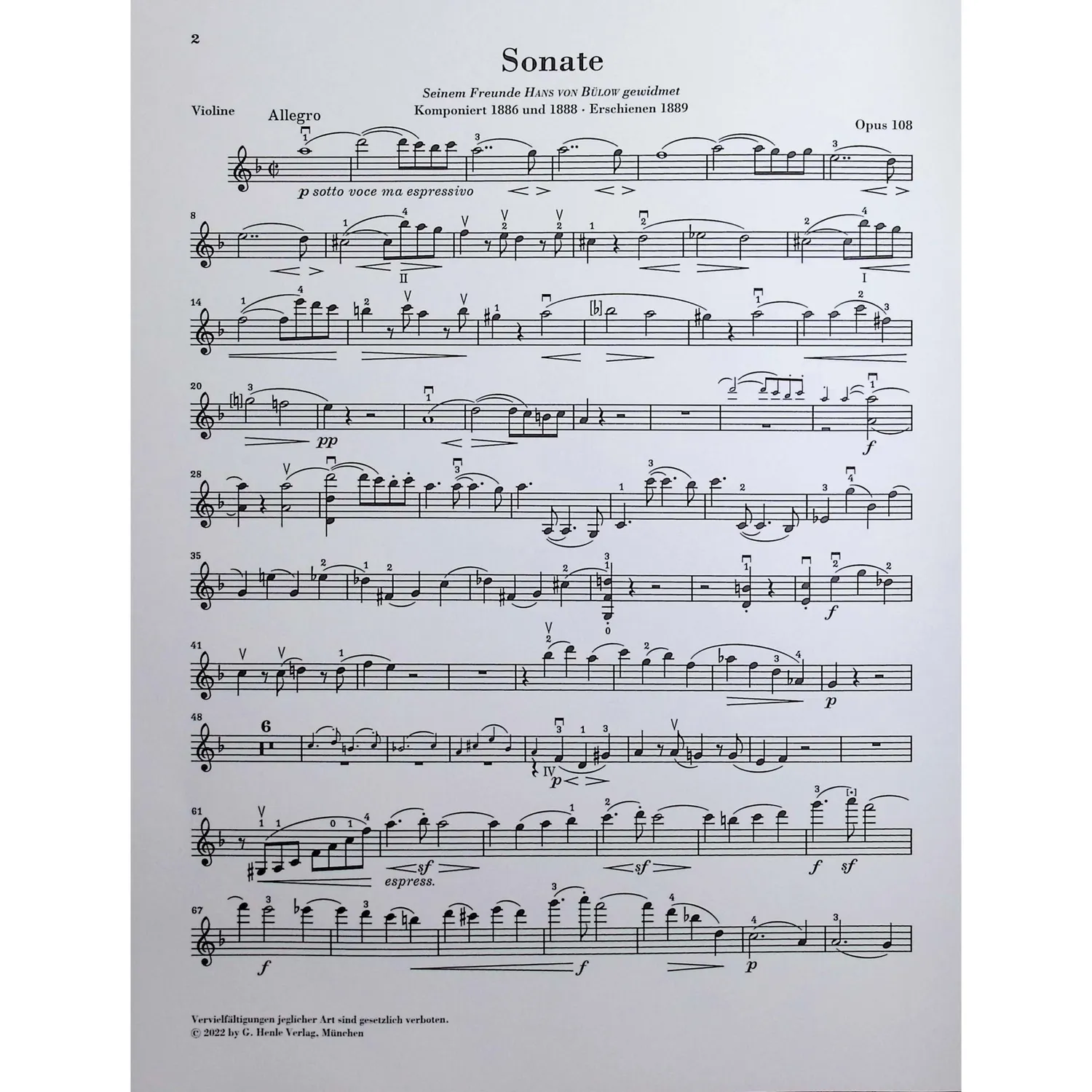 Henle Brahms Sonate d-moll op.108 Noten Violine Klavier