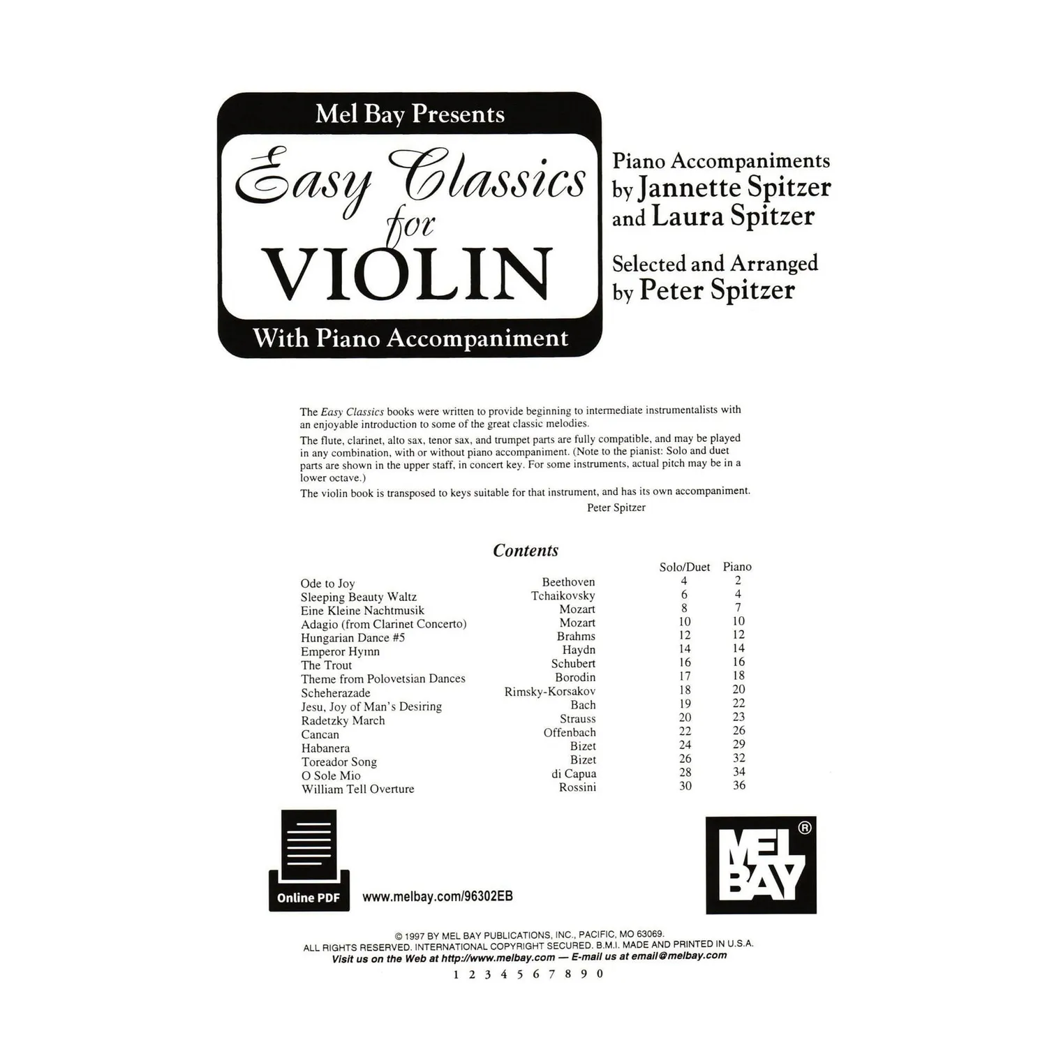 Mel Bay Easy Classics Violine Klavier Notenbuch mit PDF