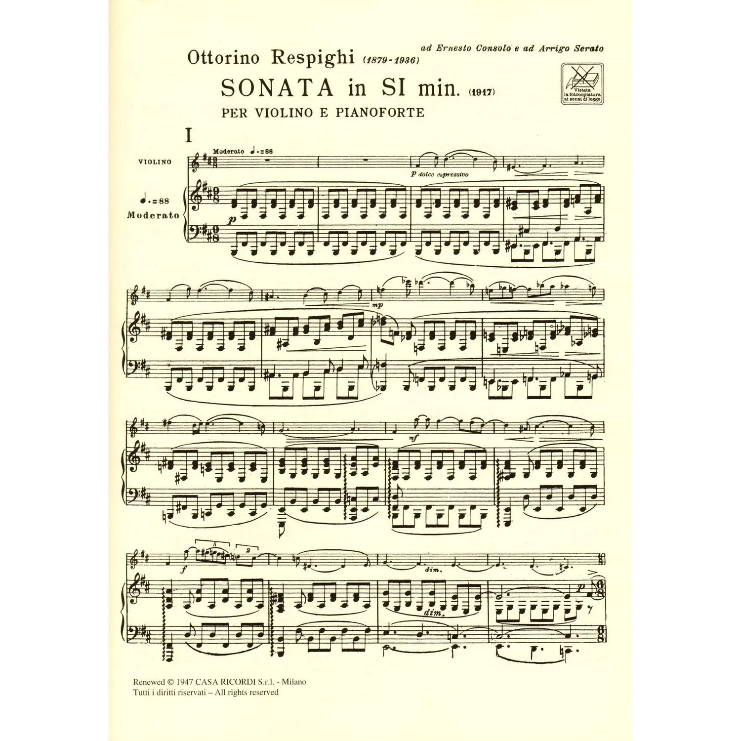 Ricordi Respighi Sonate h-Moll Noten Violine Klavier