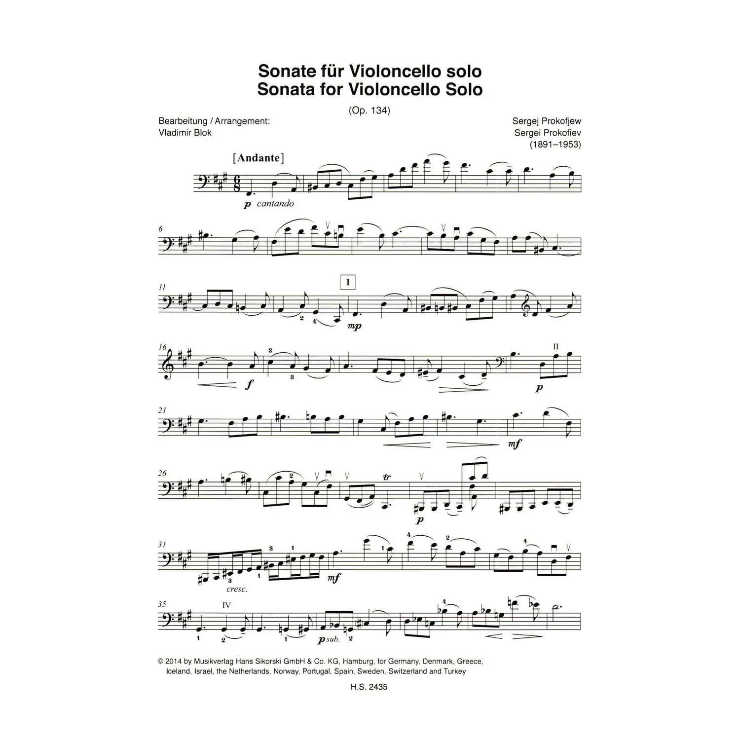 Sikorski Prokofiev Sonate Op. 134 Cello-Noten Solo