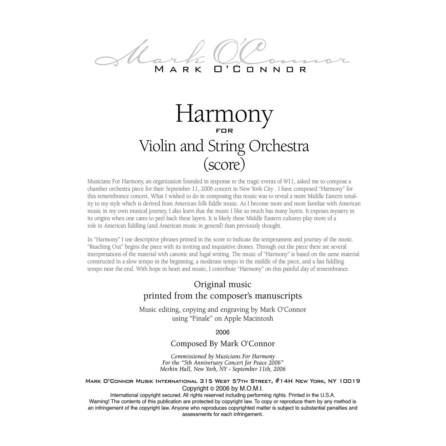 Mark O'Connor Harmony Partitur Download Violine Streicher