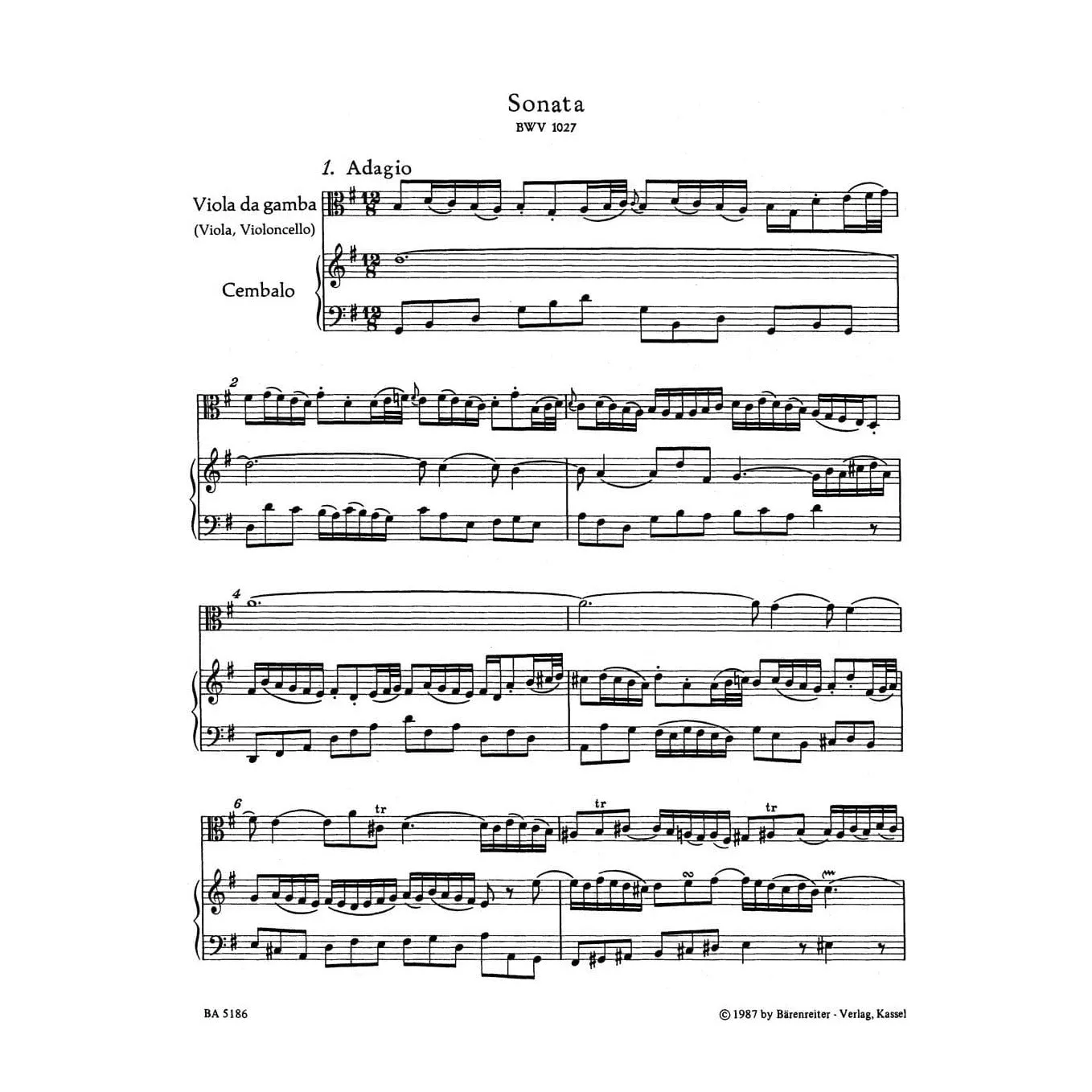 Bärenreiter Bach Gambensonaten BWV 1027 Noten Bratsche Klavier
