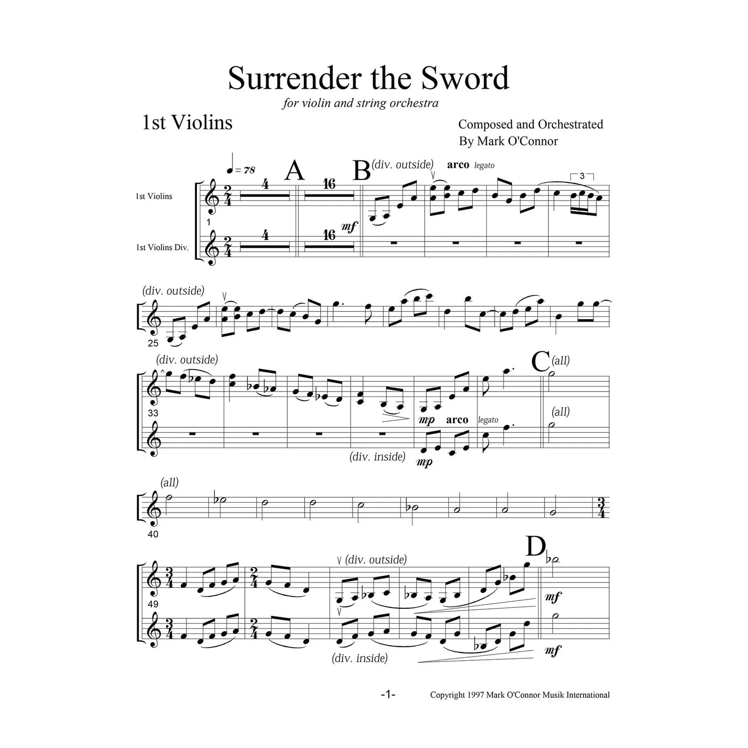 Mark O’Connor Surrender The Sword Geigennoten Download