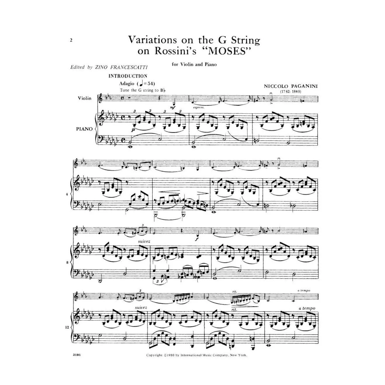 International Paganini Moses-Variationen Violine Klavier Francescatti Noten