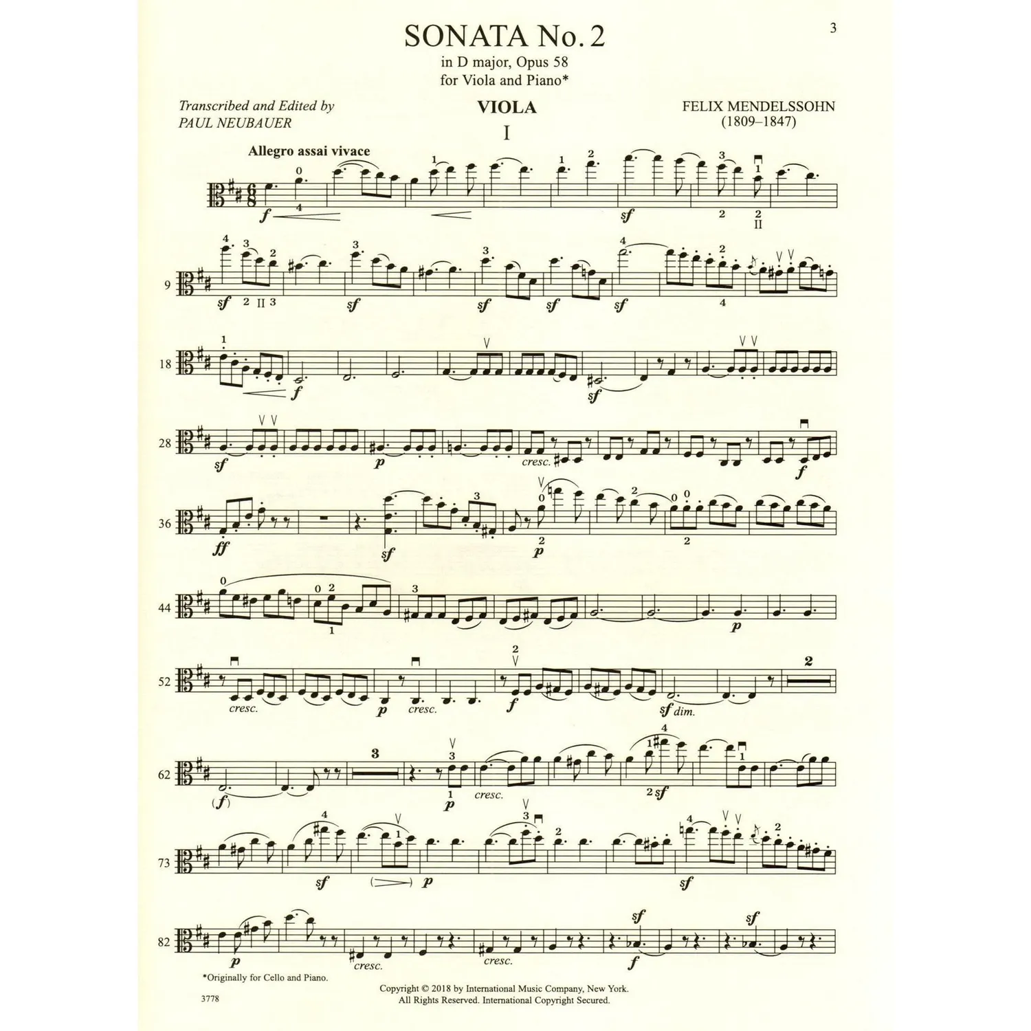 International Mendelssohn Sonate 2 D-dur Noten Viola Klavier