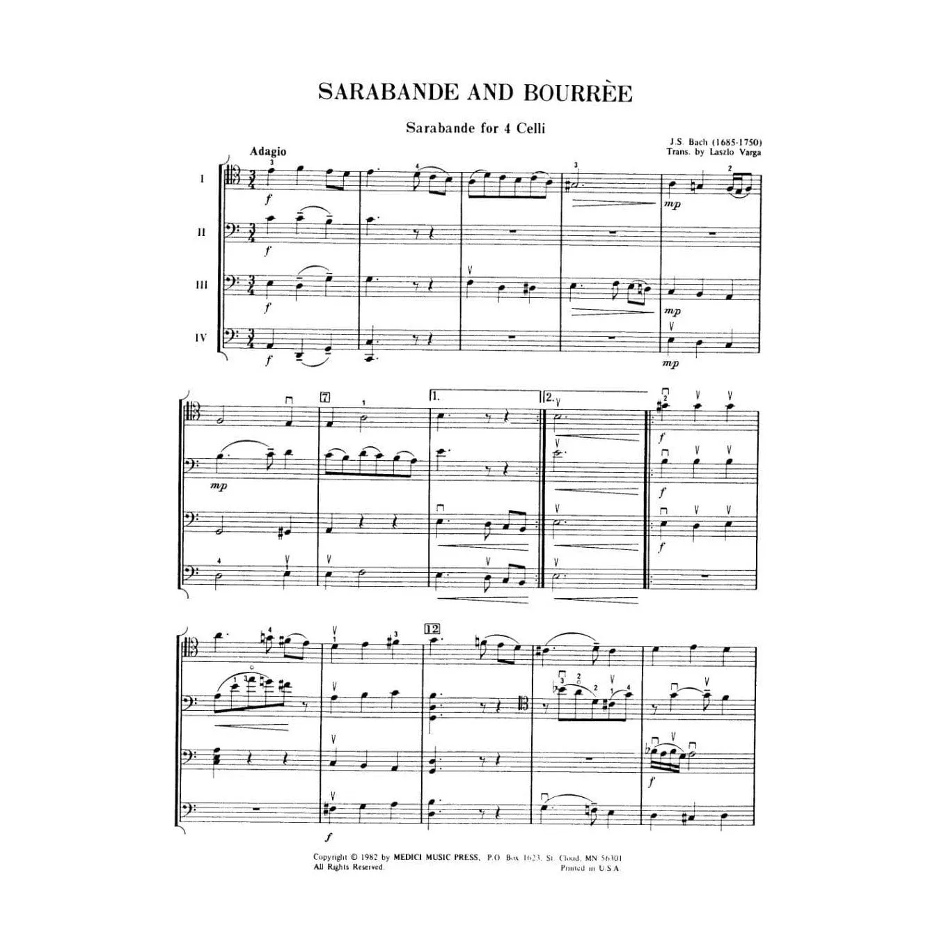 Bach Sarabande Bourrée BWV 1002 Noten für 4 Celli Varga