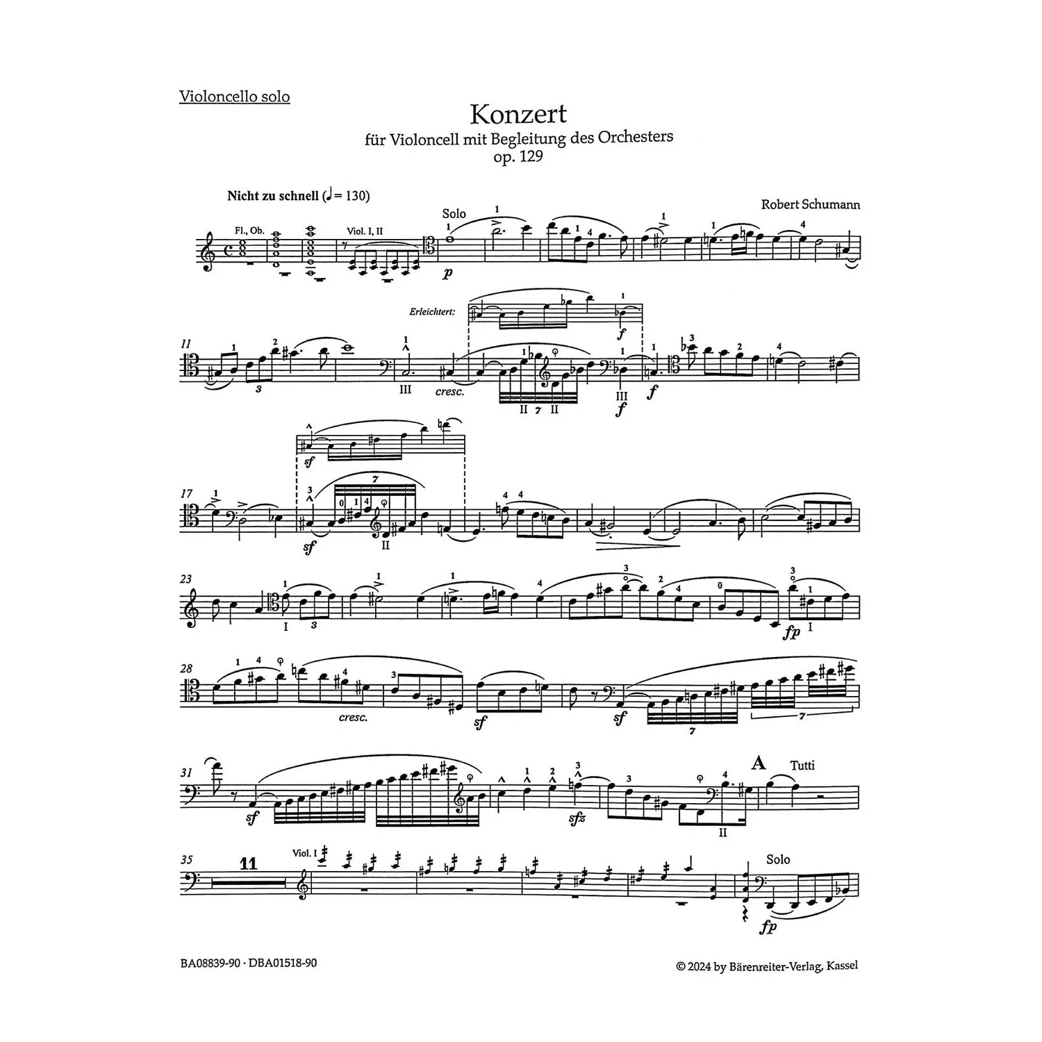 Bärenreiter Schumann Op 129 Cellonoten für Cello Klavier