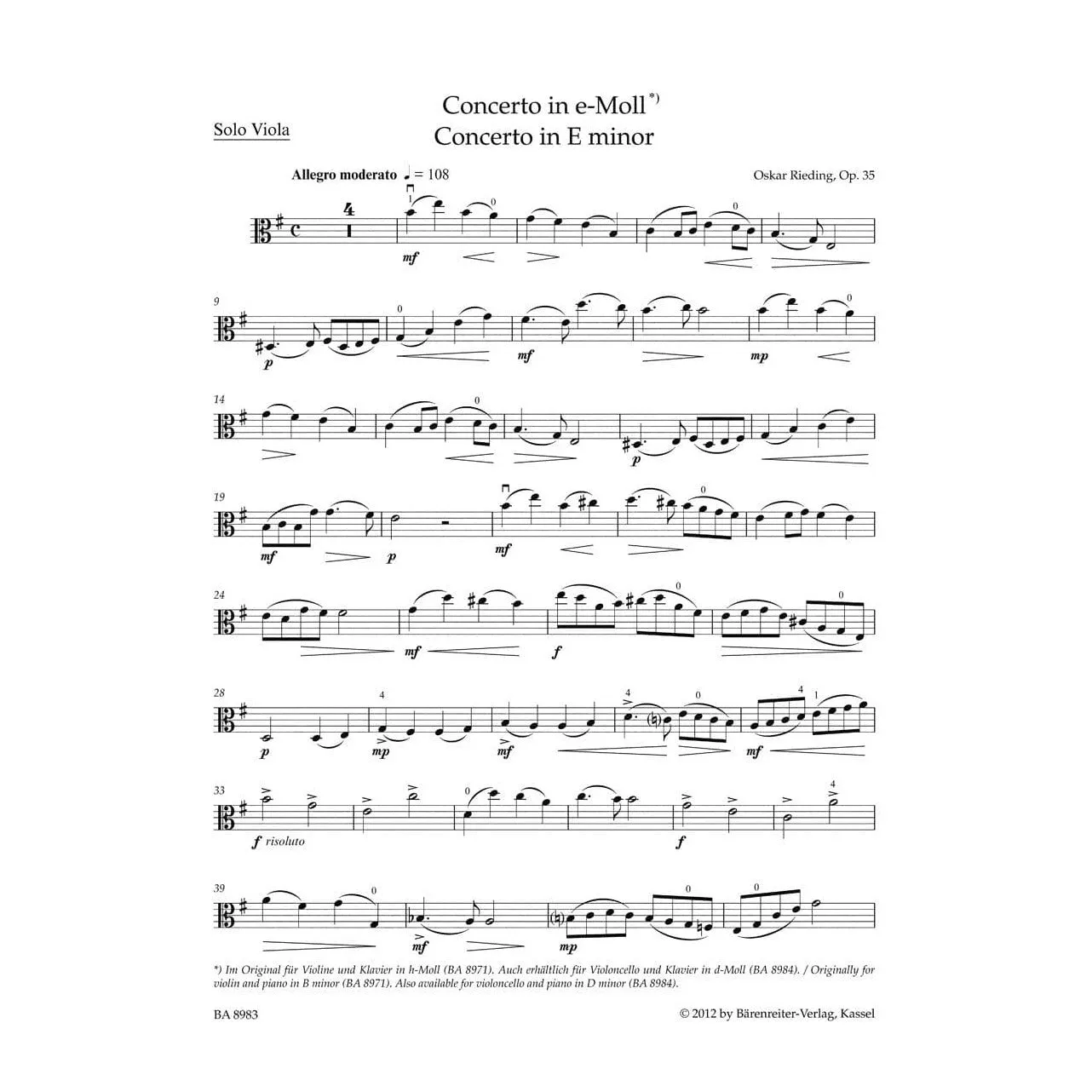 Bärenreiter Rieding Concerto h-Moll Op 35 Noten Viola Klavier