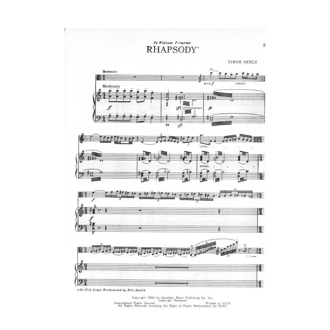 Peer Music Serly Rhapsody Viola Orchester Noten Stimme