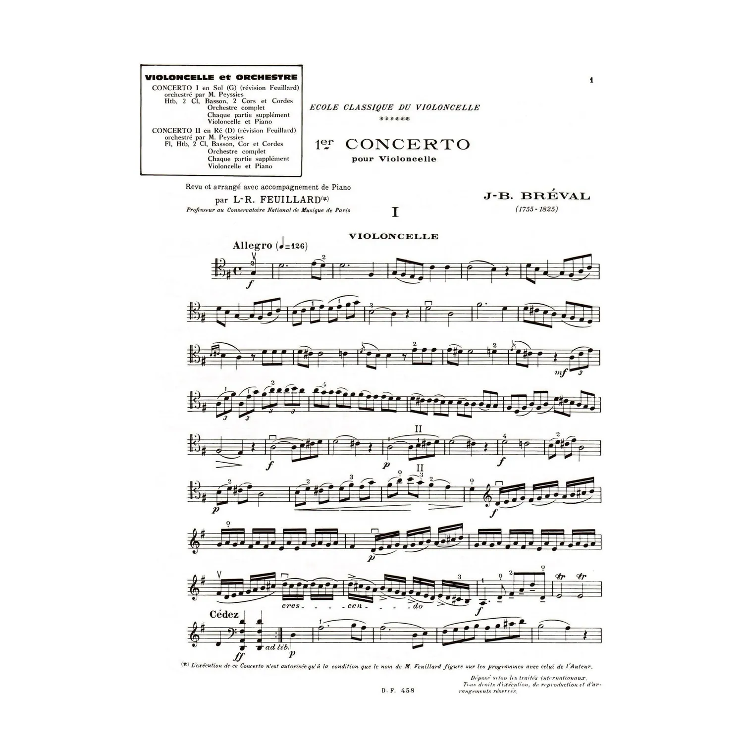 Breval Concerto Nr 1 G-Dur Op 17 Cellonoten Klavier Feuillard
