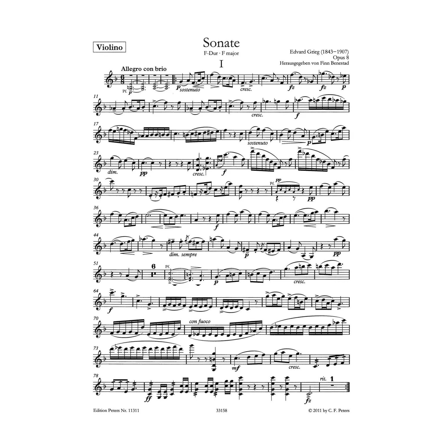 Edition Peters Grieg Sonate Nr.1 F-Dur op.8 Violinnoten