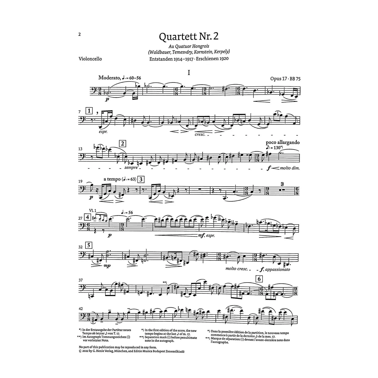 Henle Bartók Quartett Nr. 2 op. 17 Noten Streichquartett