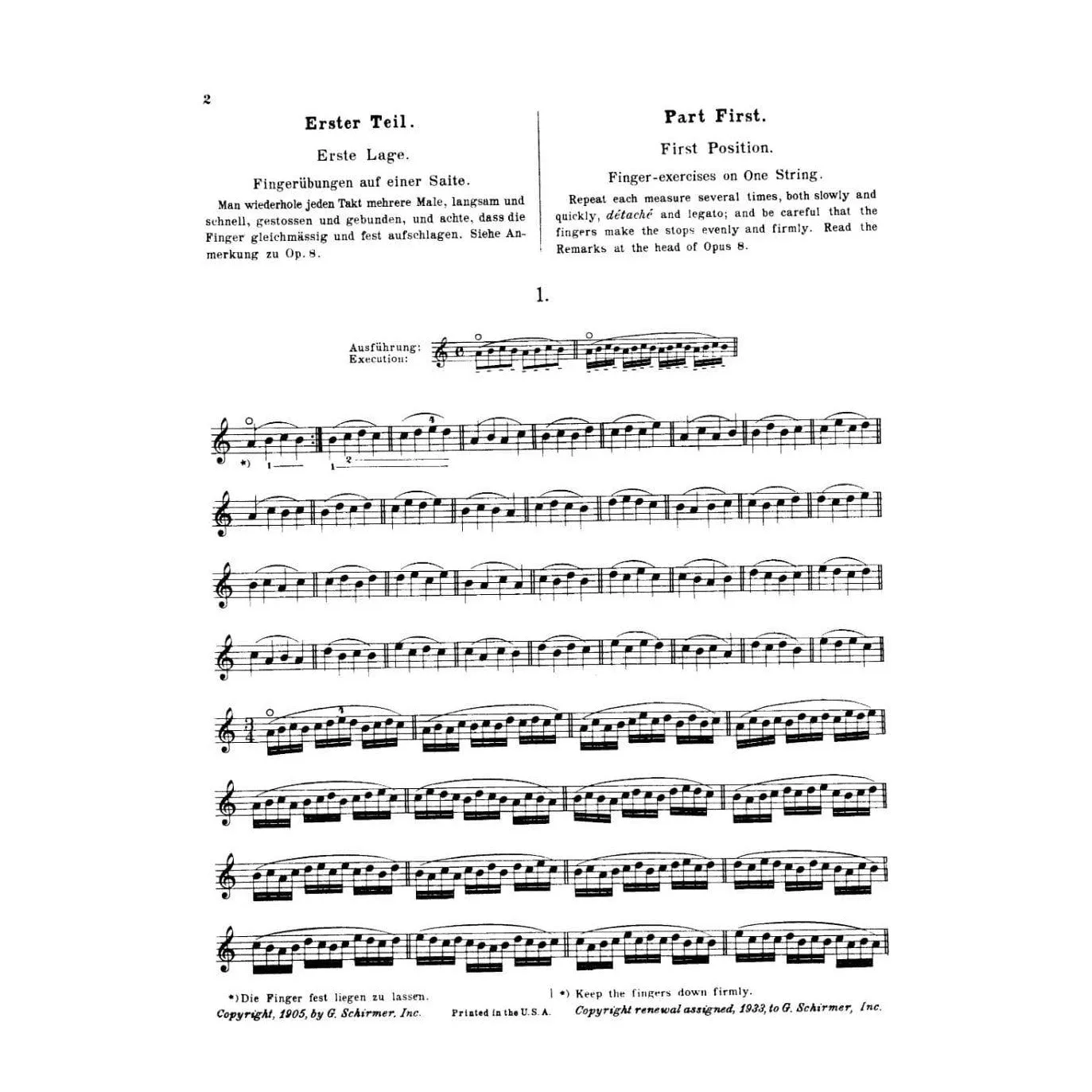 Schirmer Sevcik Violintechnik Op.1 Teil 1 Noten 1. Lage