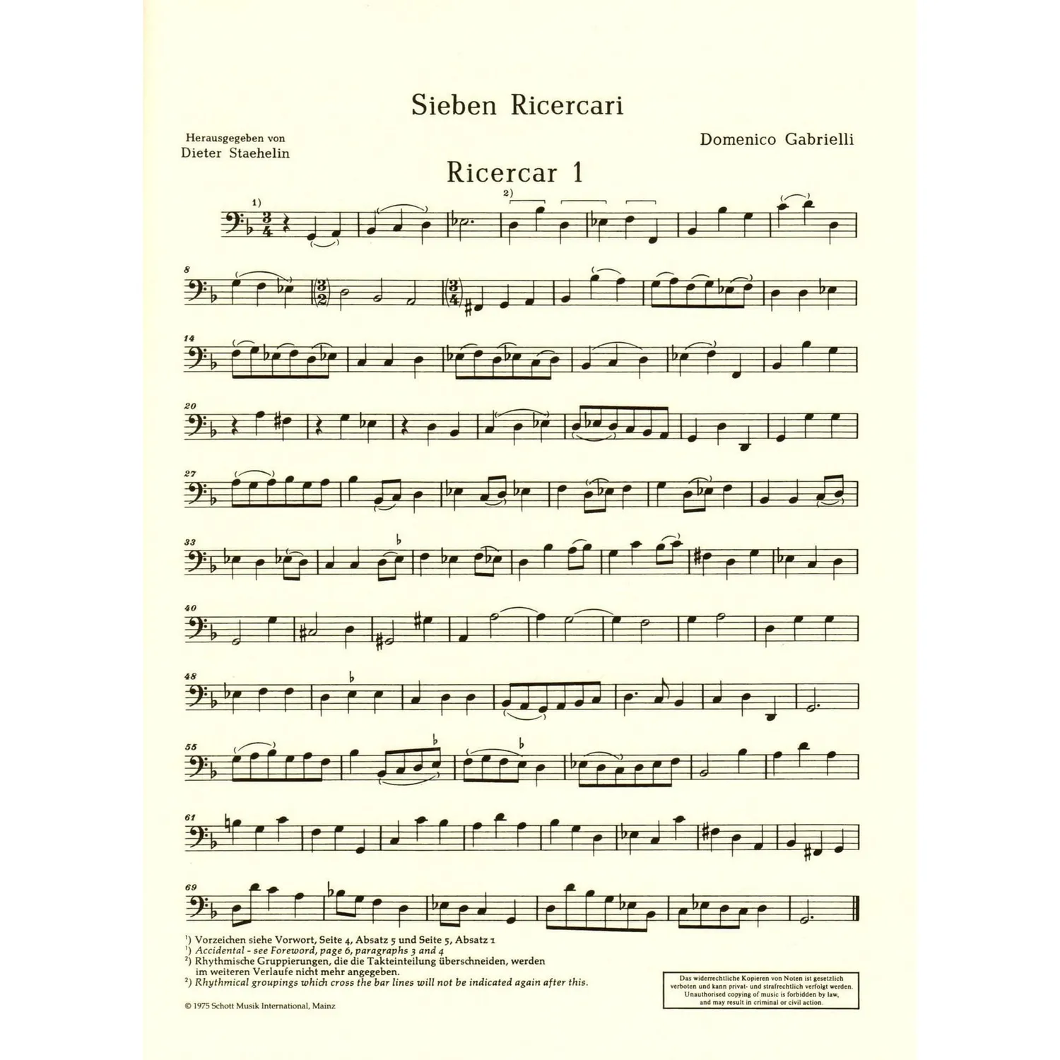 Schott Gabrielli 7 Ricercari Noten Violoncello solo Barock