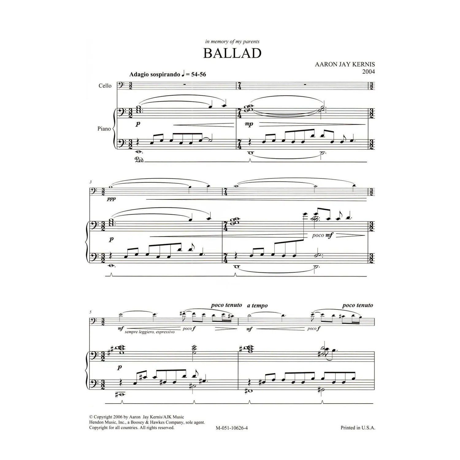 Boosey & Hawkes Kernis Ballad Cello Noten Cello Klavier