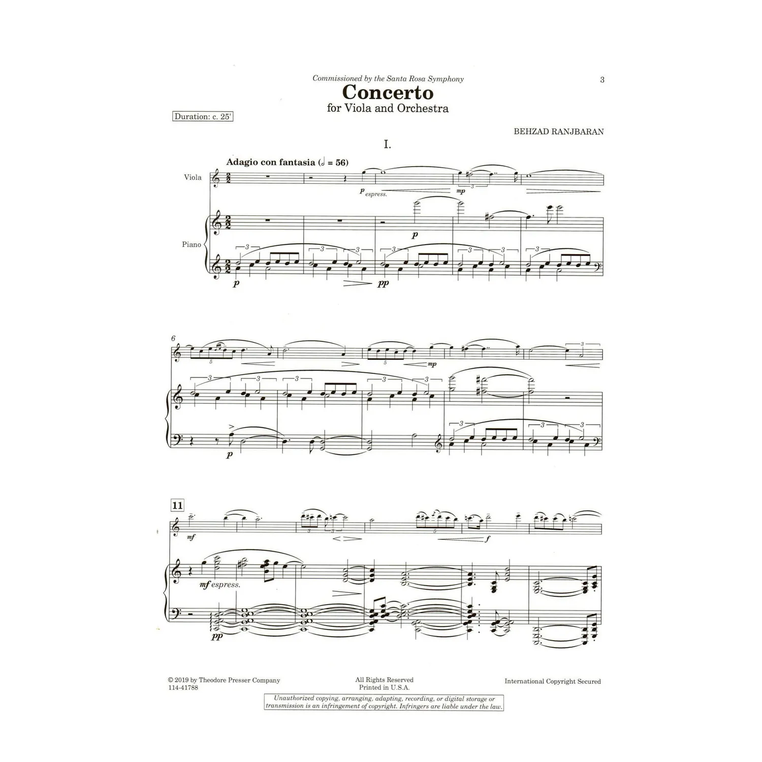Presser Ranjbaran Viola-Konzert Noten Viola + Klavierauszug