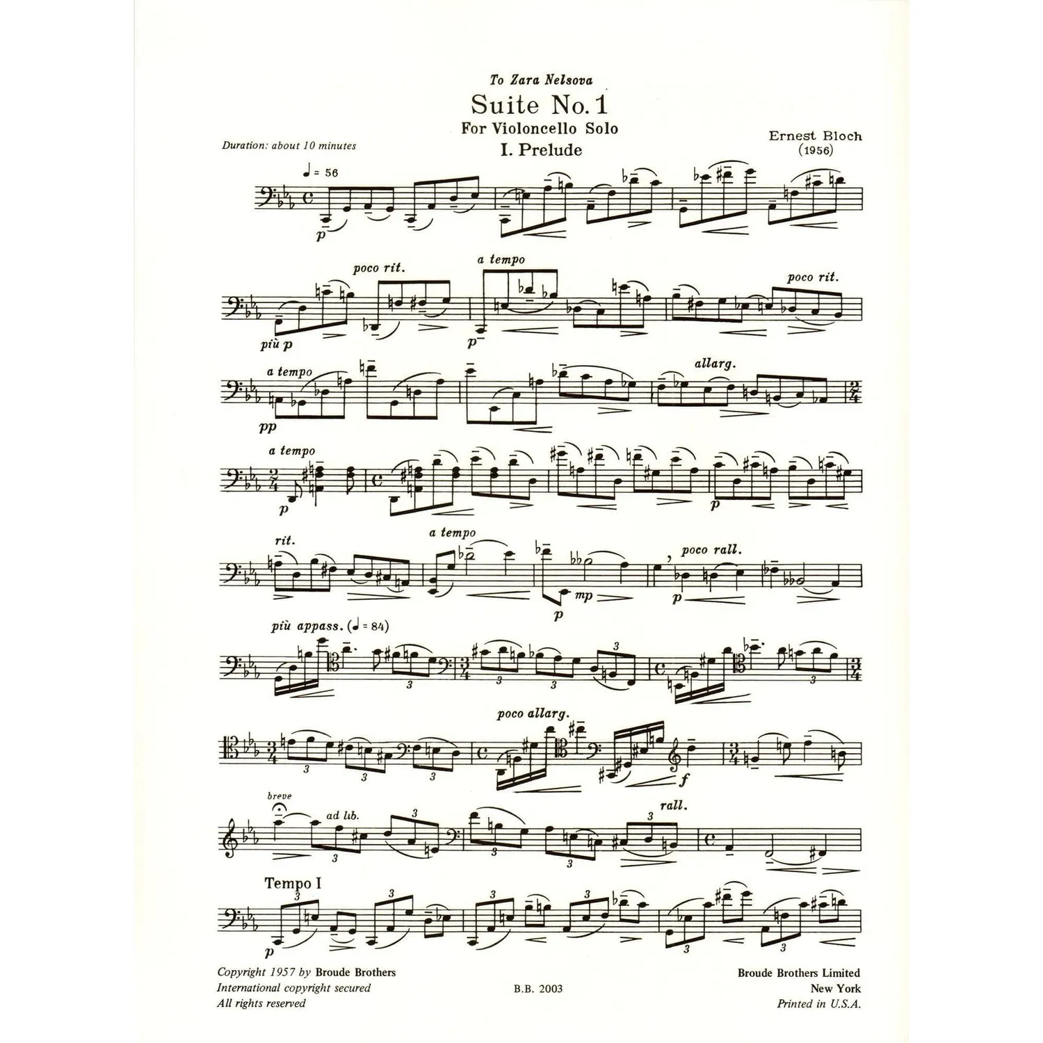 Shar Music Bloch Suite Nr. 1 Cello solo Noten Broude