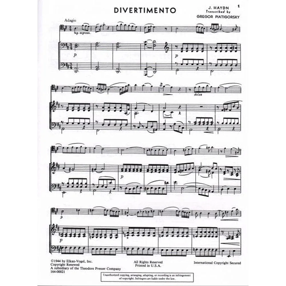 Haydn Divertimento D-Dur Noten für Cello und Klavier Piatigorsky