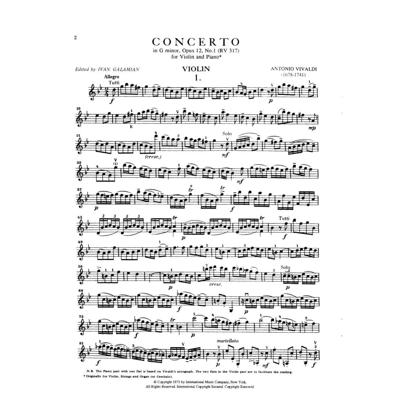 Shar Music Vivaldi RV 317 Violinnoten g-Moll Violine Klavier