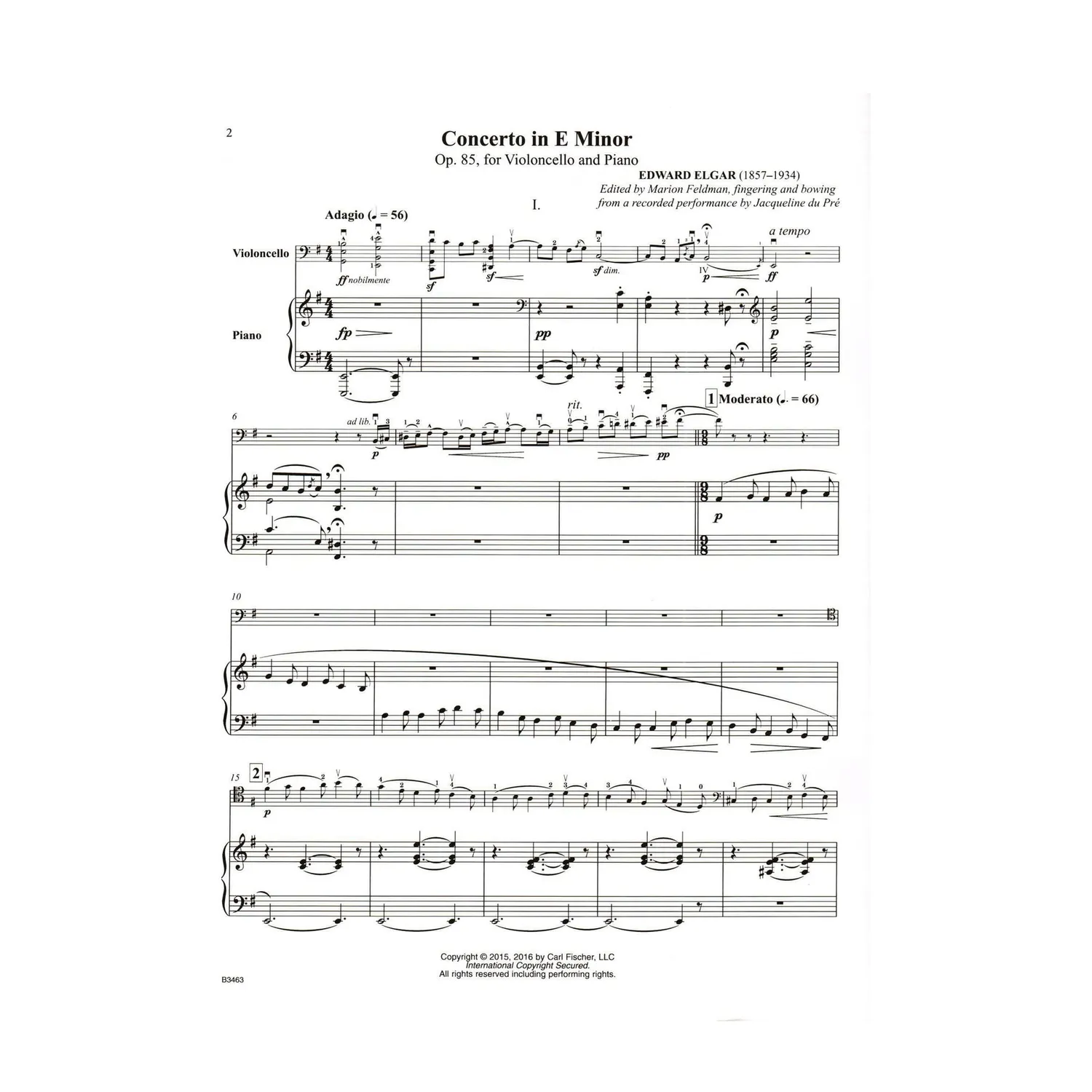 Carl Fischer Elgar Cellokonzert Op.85 Noten Cello Klavier du Pré