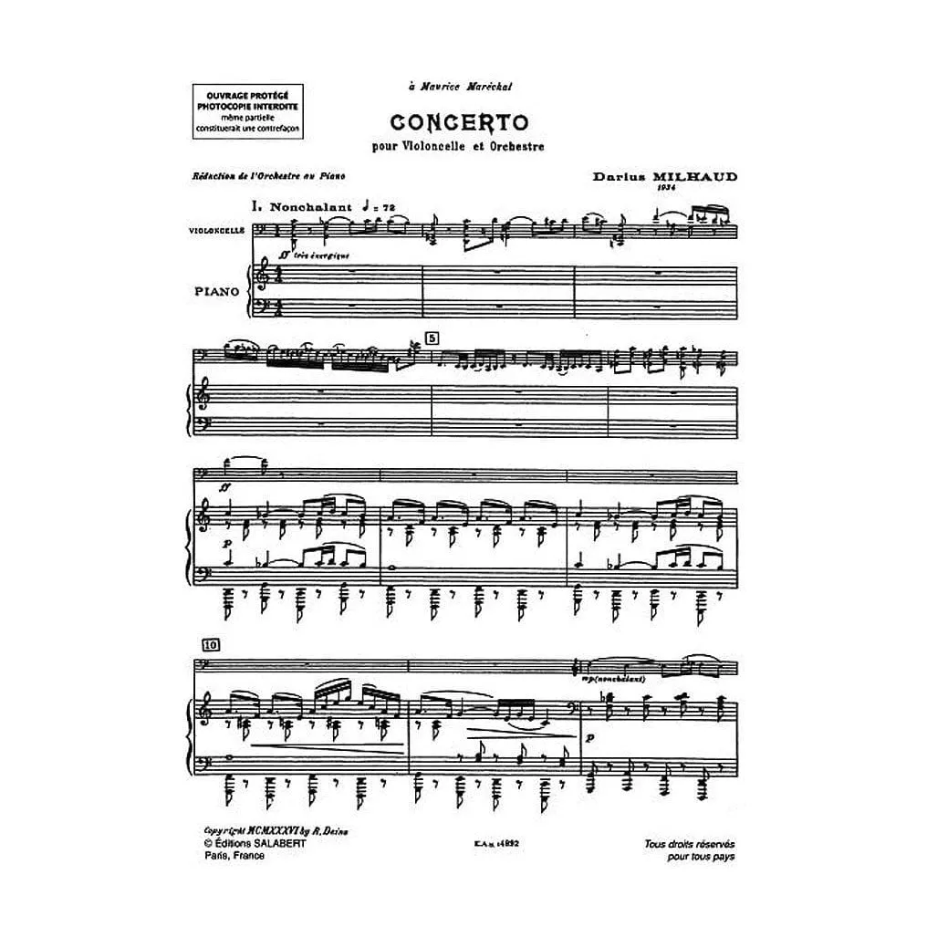 Salabert Milhaud Concerto Nr.1 Op.136 Noten Cello Klavier
