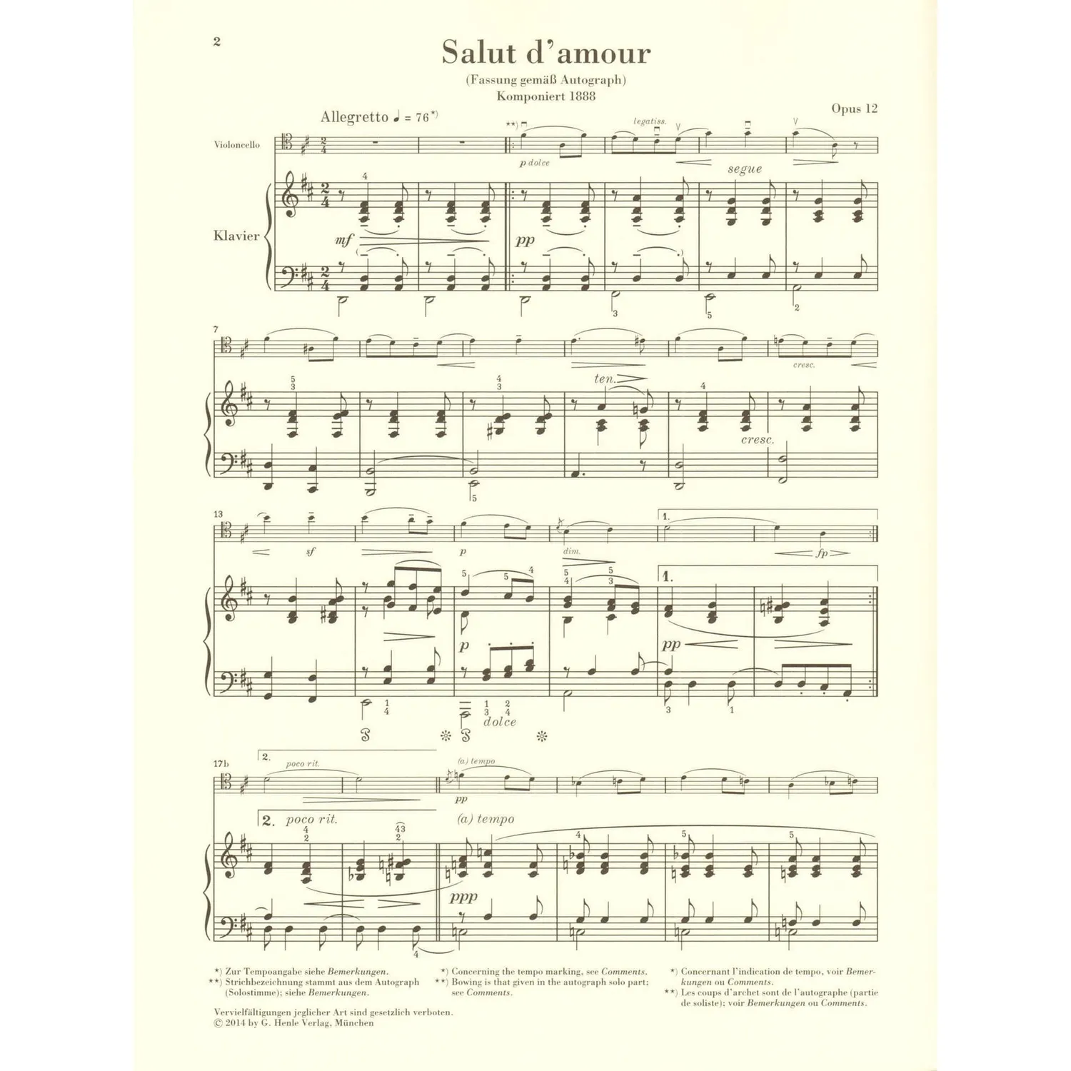 Henle Elgar Salut d'amour Op 12 Noten Cello Klavier