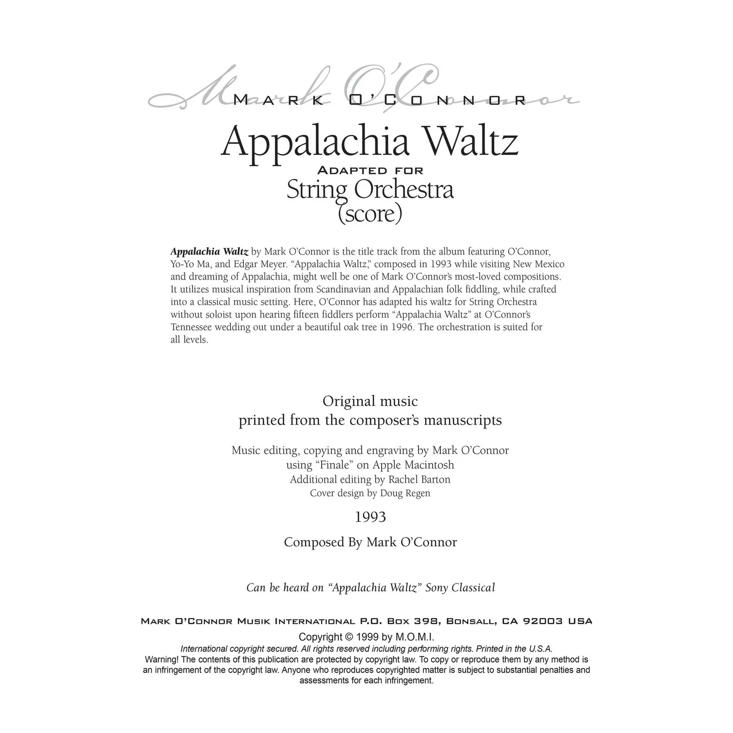 Shar Music O'Connor Appalachia Waltz Noten Download Partitur