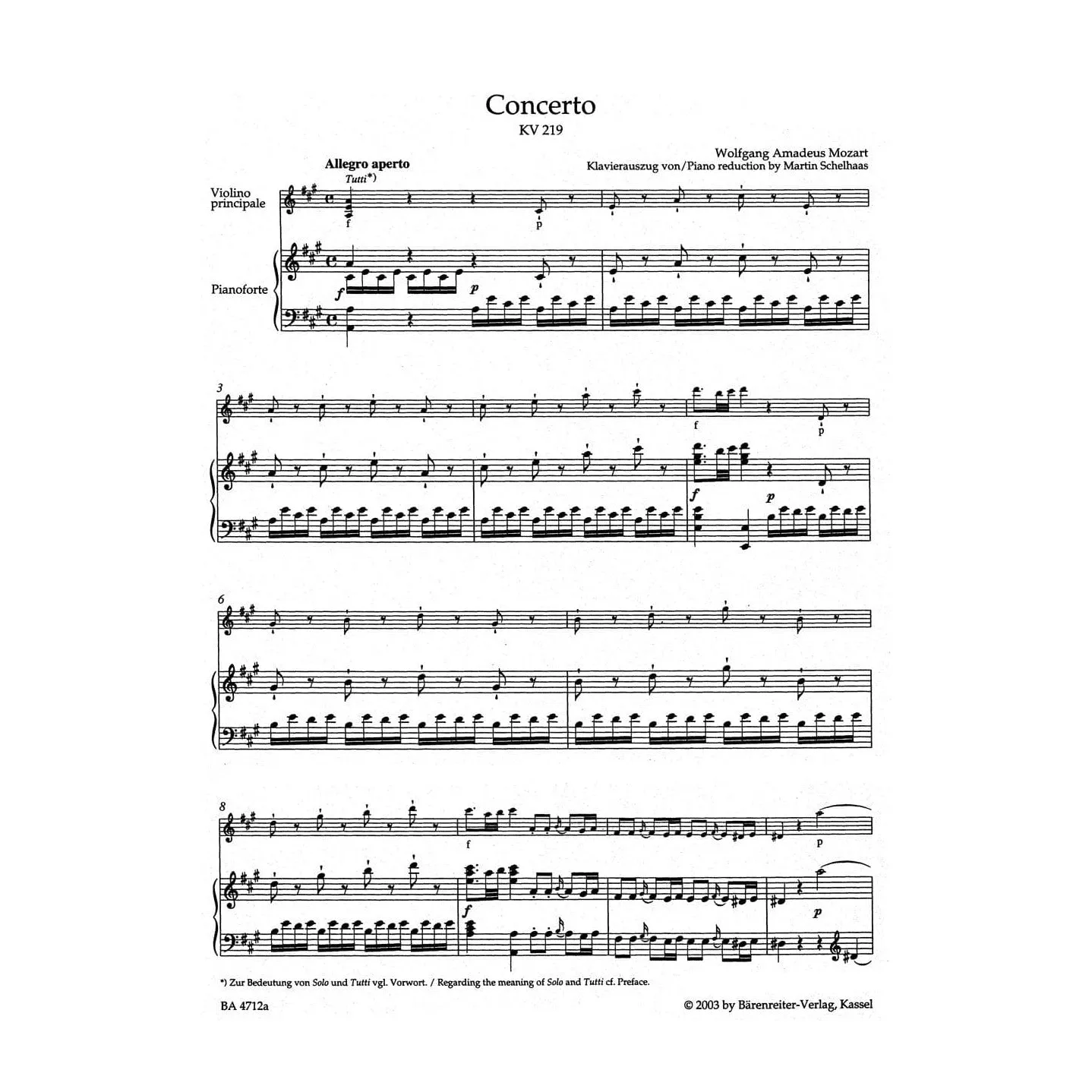 Bärenreiter Mozart Konzert Nr. 5 K 219 Violine Klavier