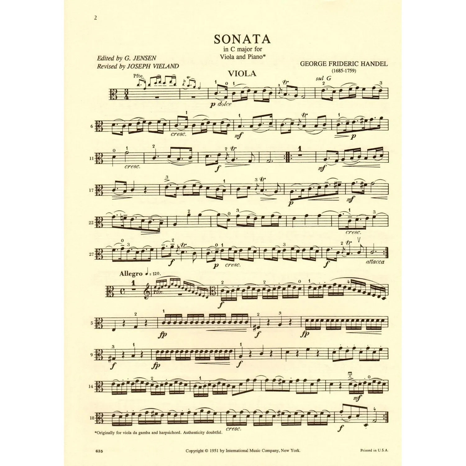 Shar Händel Sonate C-Dur Noten Viola Klavier