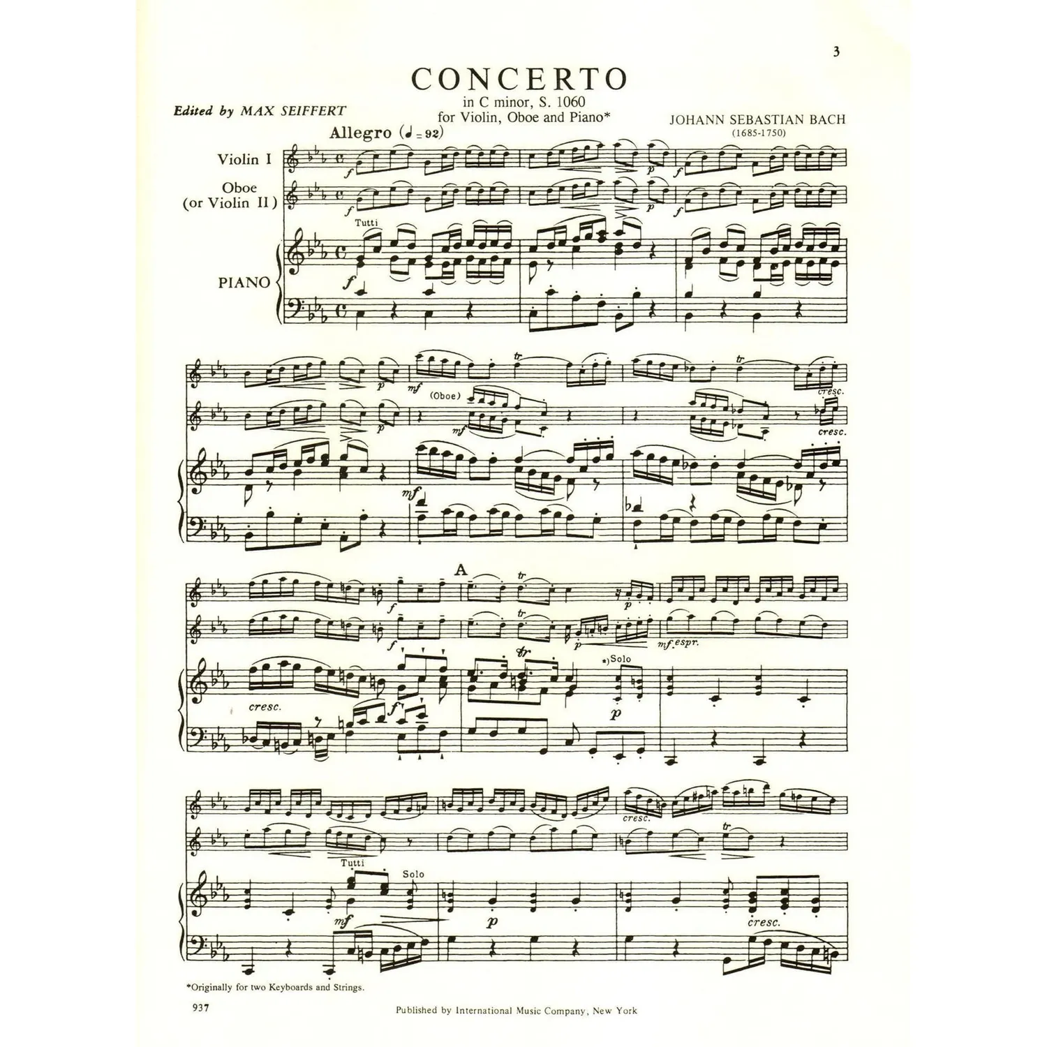 International Bach Konzert c-moll BWV 1060R Noten Violine Oboe