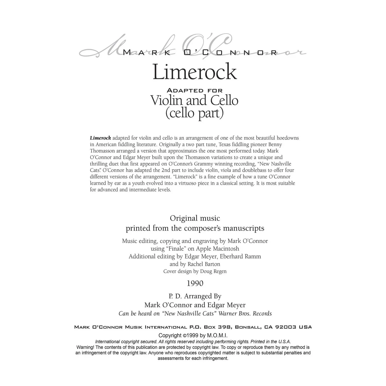 Mark O'Connor Limerock Cello-Noten Download Violine Cello