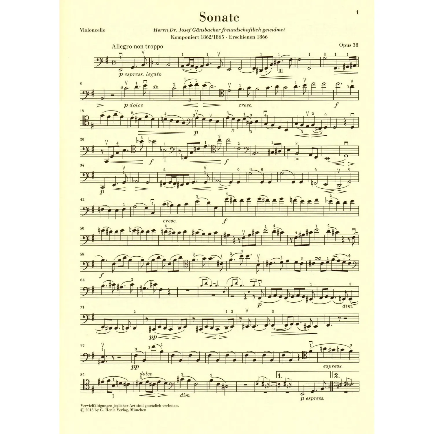 Shar Music Brahms Sonate e-moll op.38 Cellonoten Henle