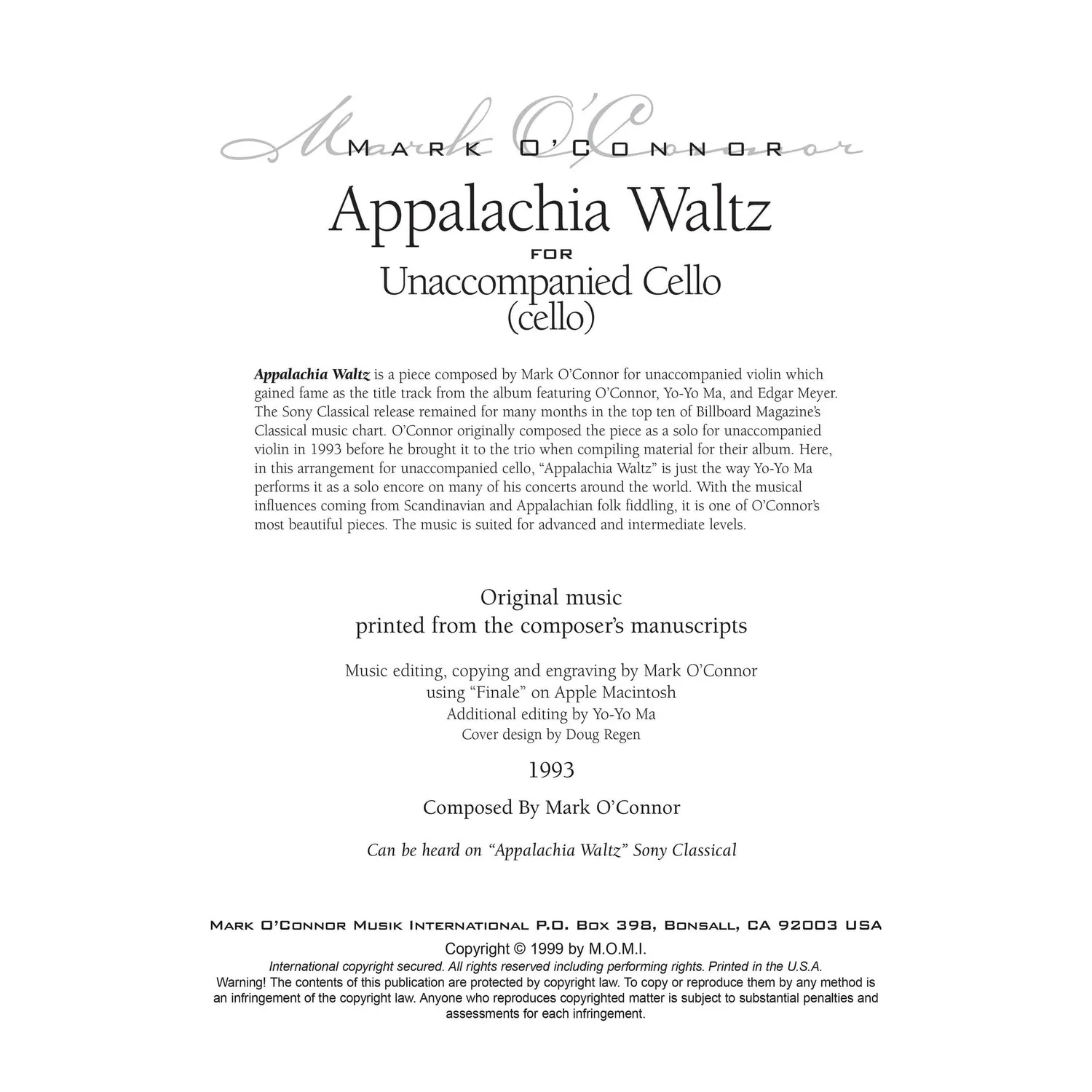 O'Connor Appalachia Waltz Noten Cello Solo Download