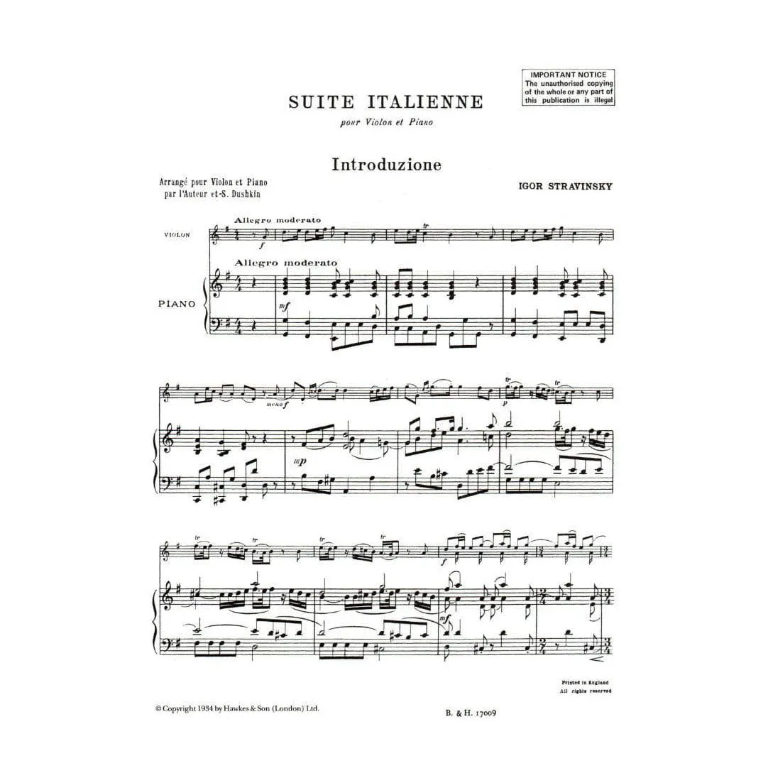 Boosey & Hawkes Stravinsky Suite Italienne Violine Noten Klavier