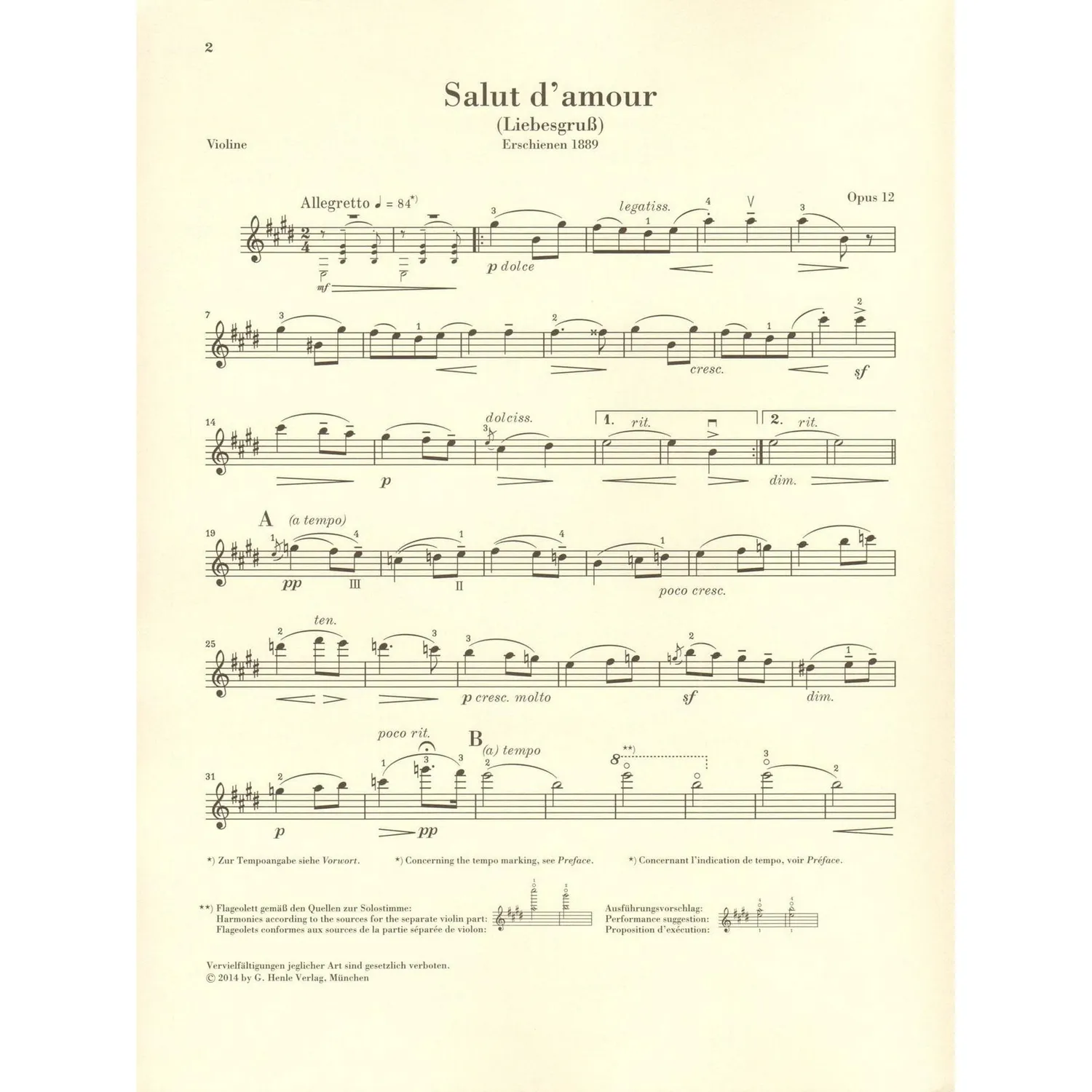 Henle Elgar Salut d'amour op. 12 Noten Violine Klavier Urtext