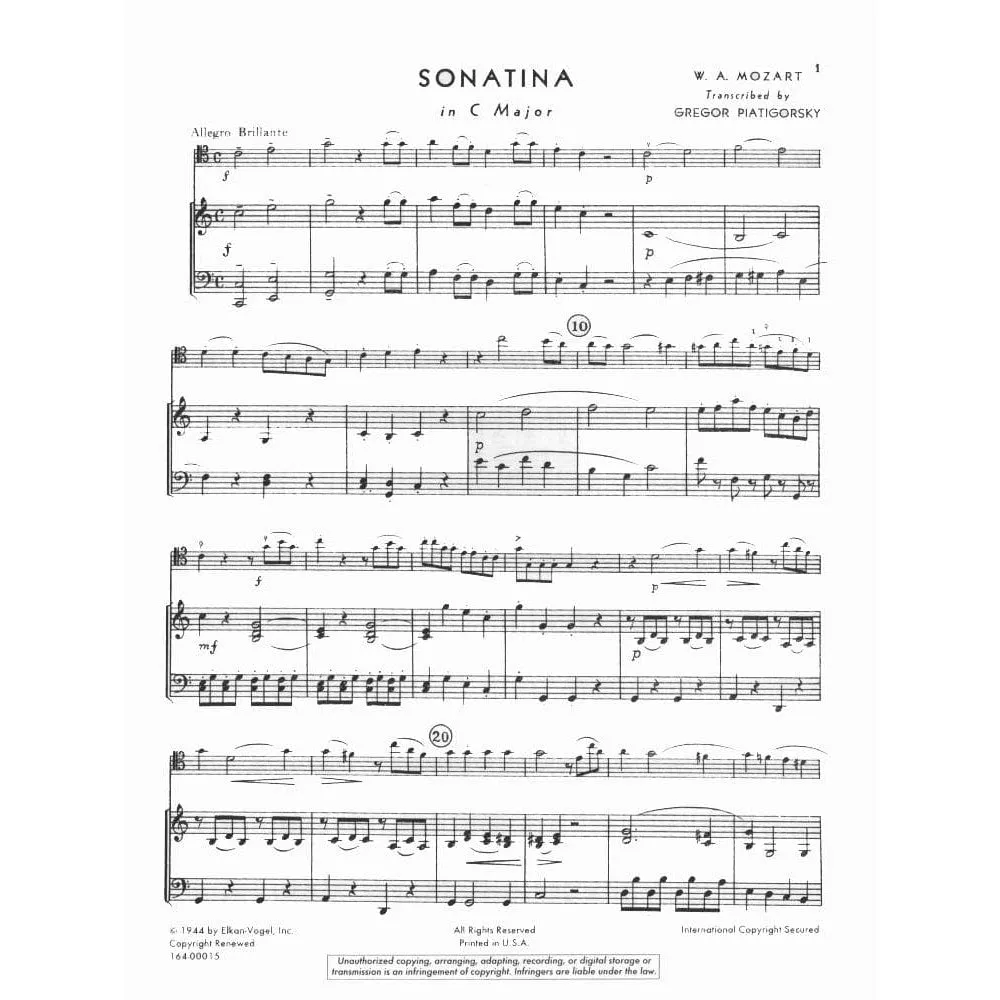 Shar Music Mozart Sonatina C-Dur Bratsche Klavier Piatigorsky