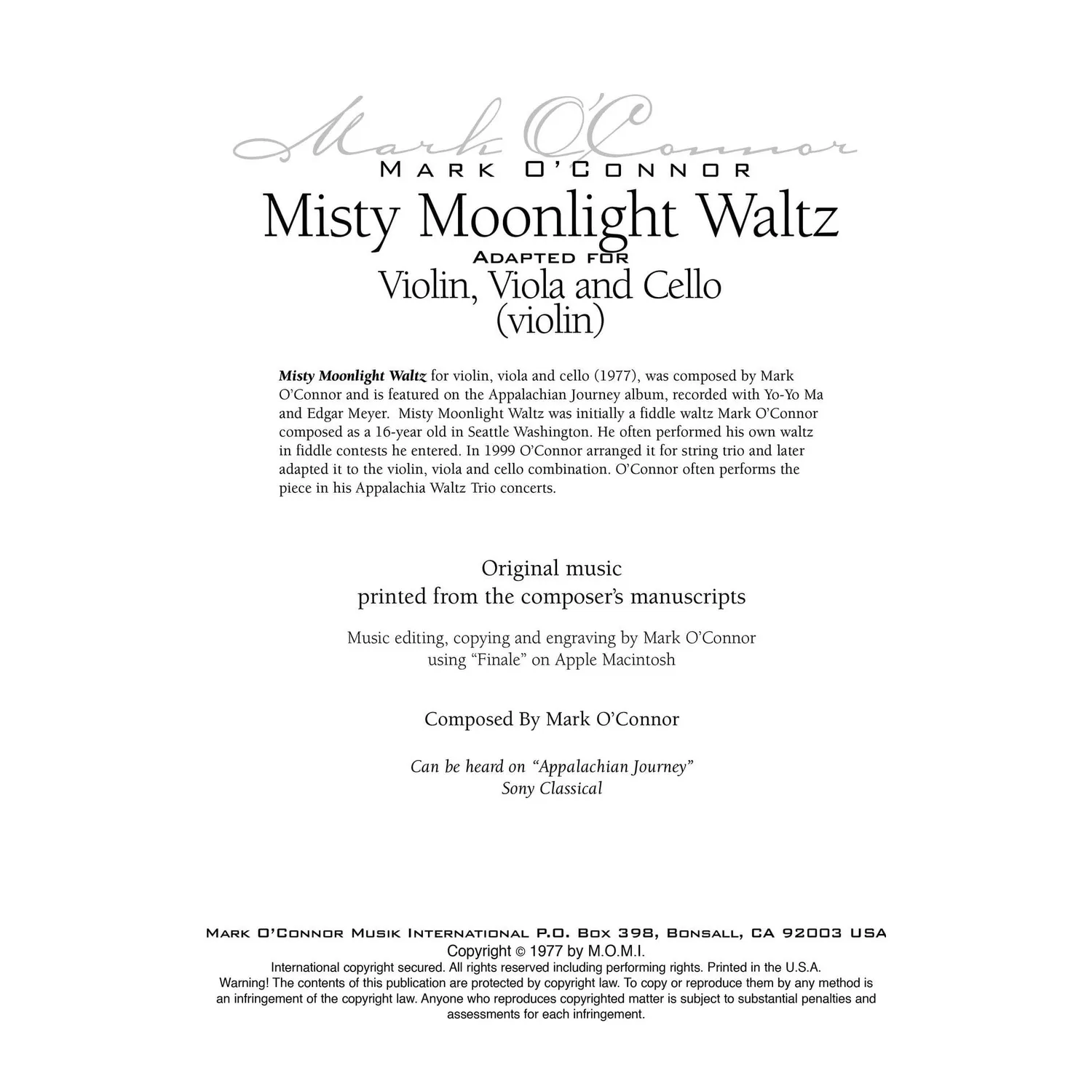 Mark O'Connor Misty Moonlight Waltz Noten Download Trio