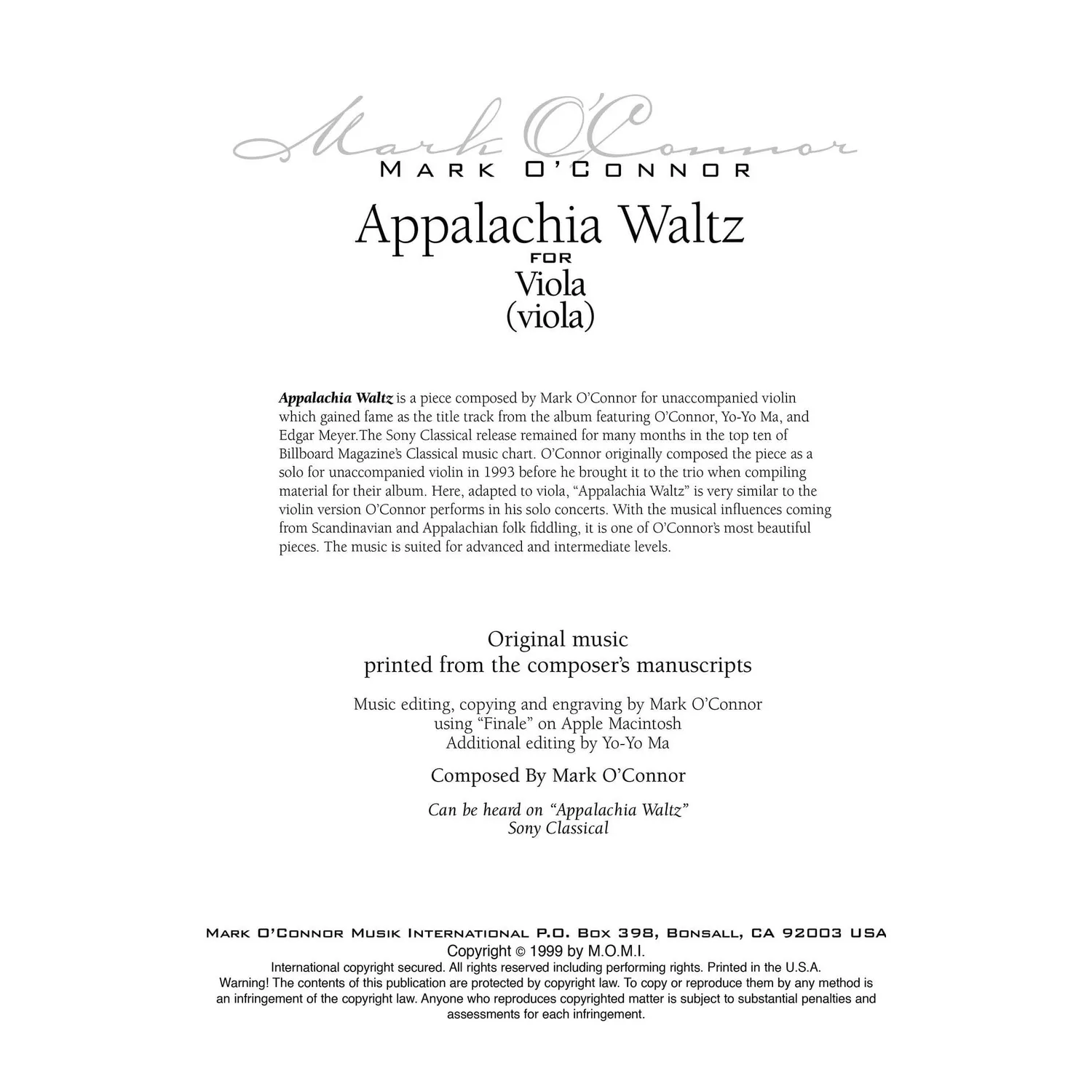 Shar Music O'Connor Appalachia Waltz Noten Viola Download