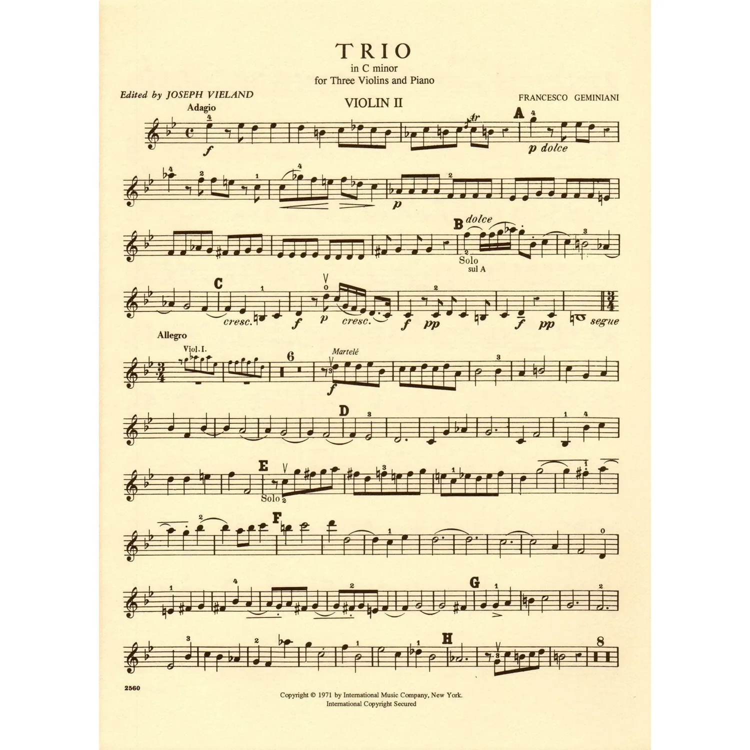 Geminiani Trio c-moll Noten 3 Violinen Klavier International