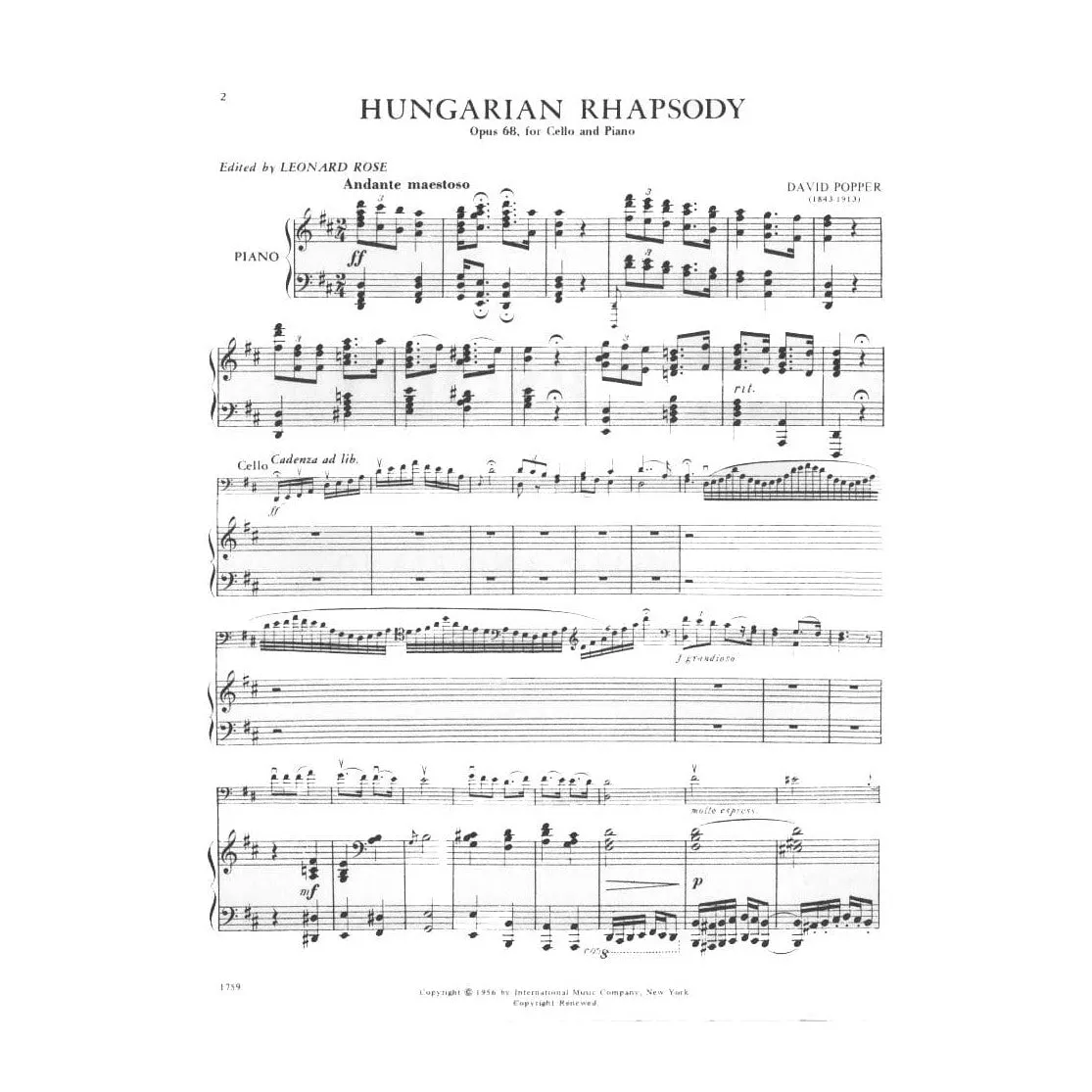 International Popper Op. 68 Noten Cello Klavier Rose