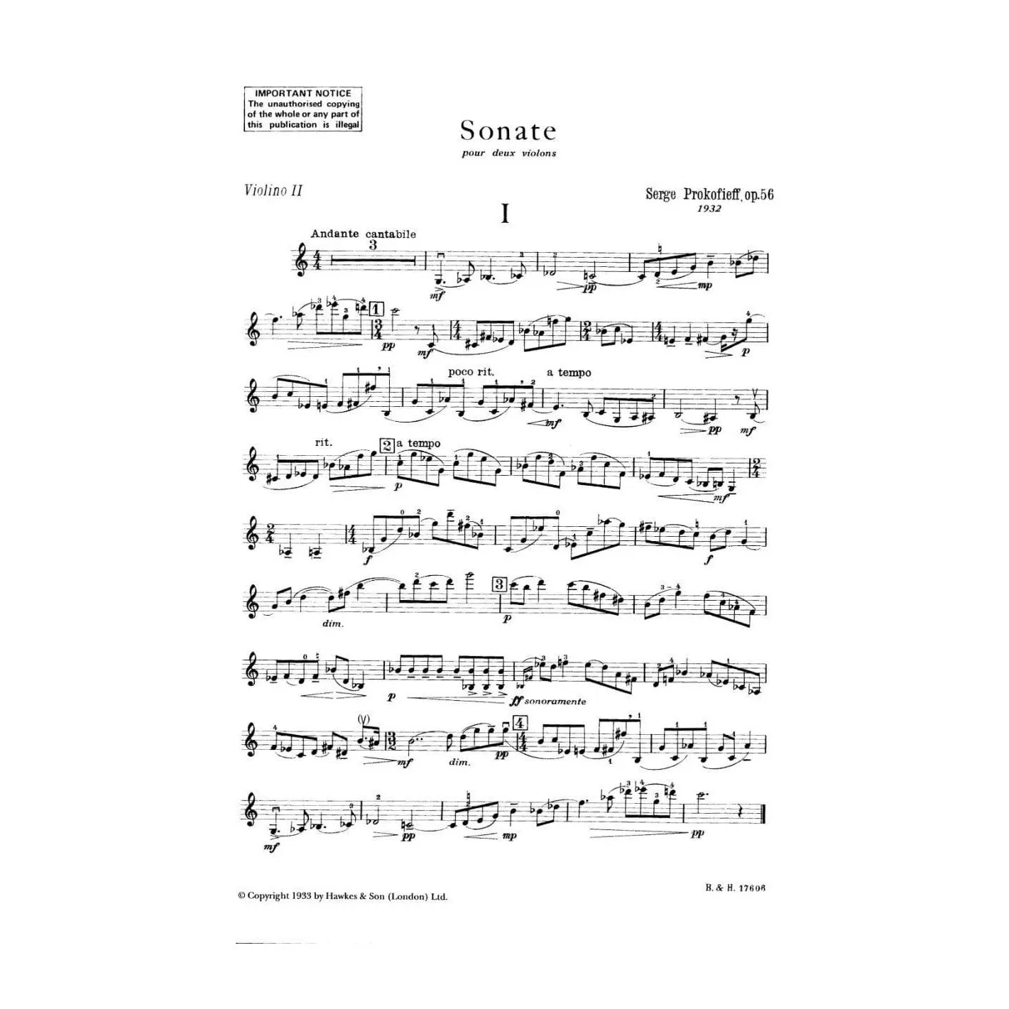 Prokofiev Sonata Op 56 Noten für zwei Violinen