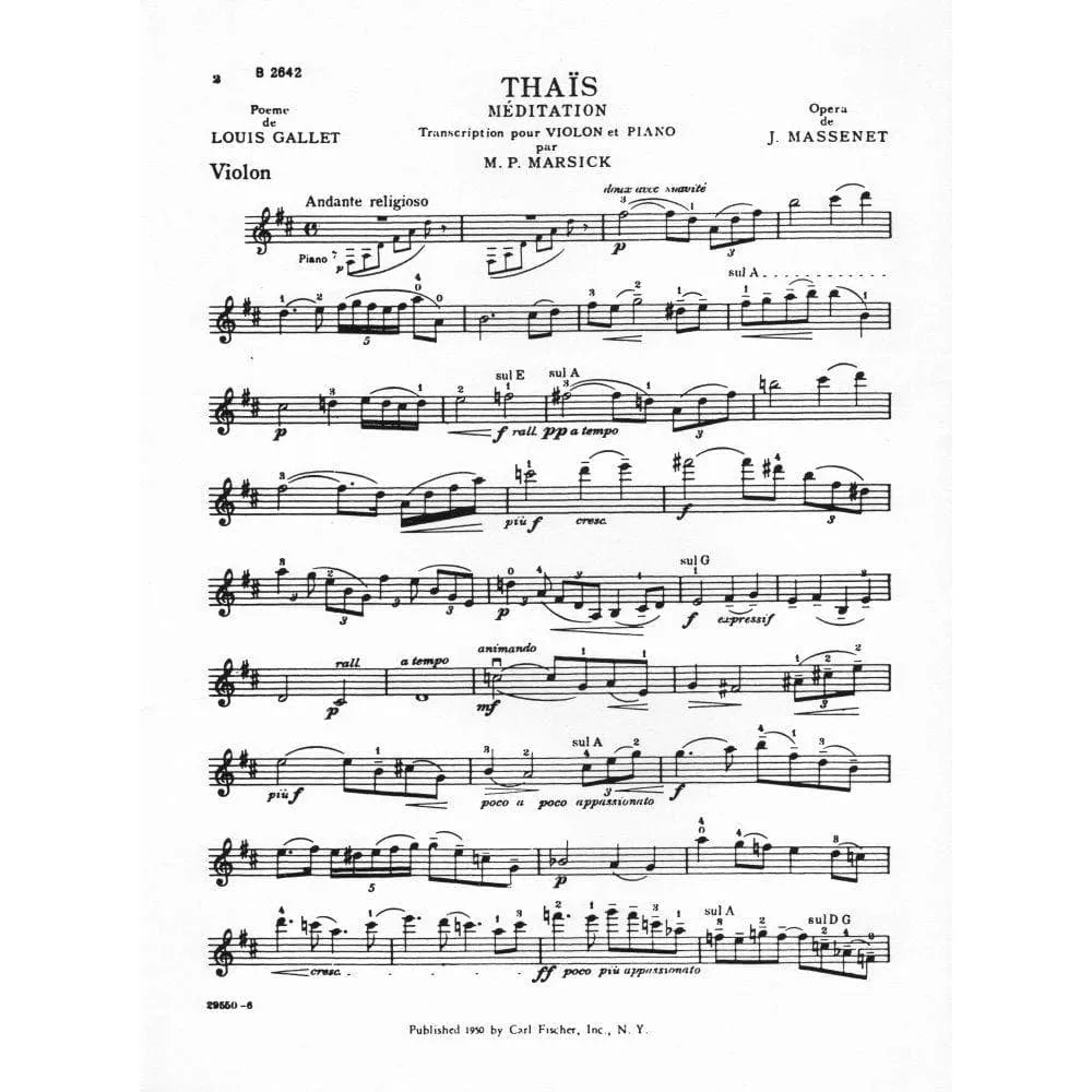 Carl Fischer Massenet Méditation Thaïs Noten Violine Klavier
