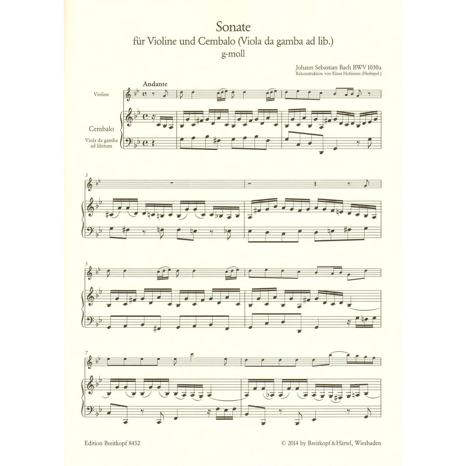Breitkopf Bach Sonate BWV 1030a Noten Violine g-Moll mit Gambe