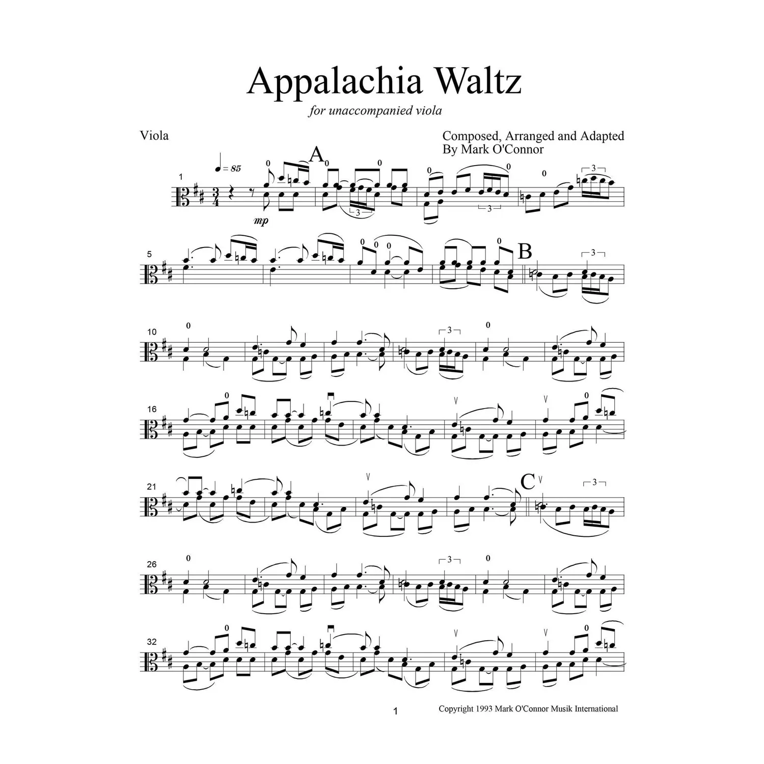 Shar Music O'Connor Appalachia Waltz Noten Viola Download
