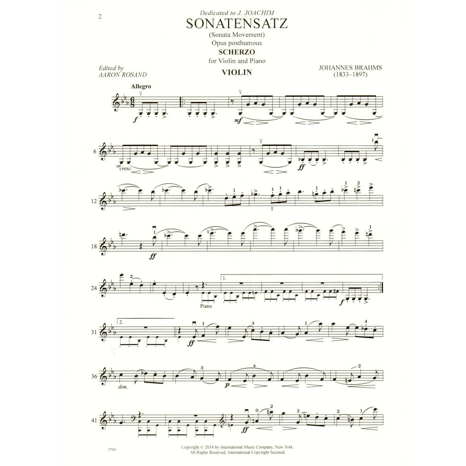 International Brahms Sonatensatz c-moll Violinnoten Klavier
